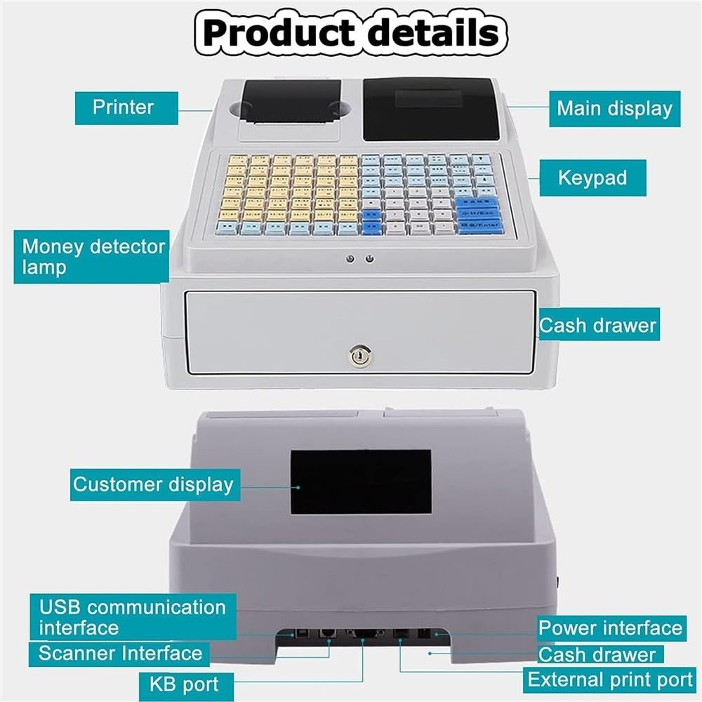 Caja registradora con Sistema POS, con Teclado Plano e Impresora térmica, multifunción, para Comercio minorista, supermercado y Restaurante.