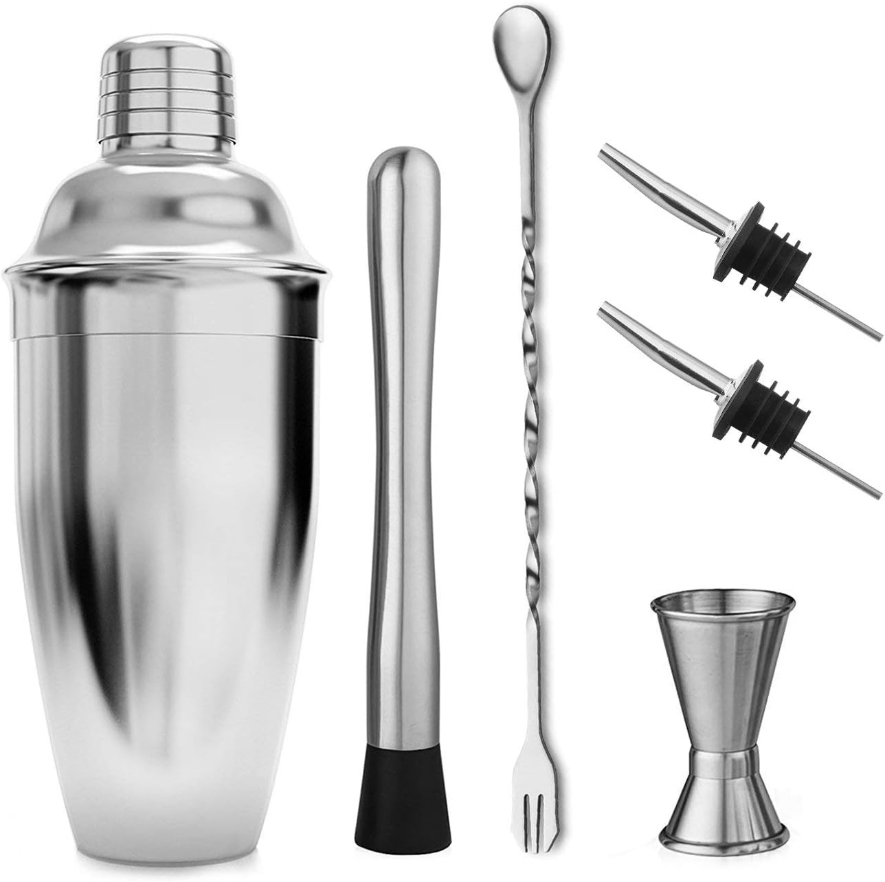 Okayji Stainless Steel Barware Cocktail Shaker with Strainer, Jigger, Muddler, Mixing Spoon, 2 Pourers, Professional Kit, 6 - Pieces