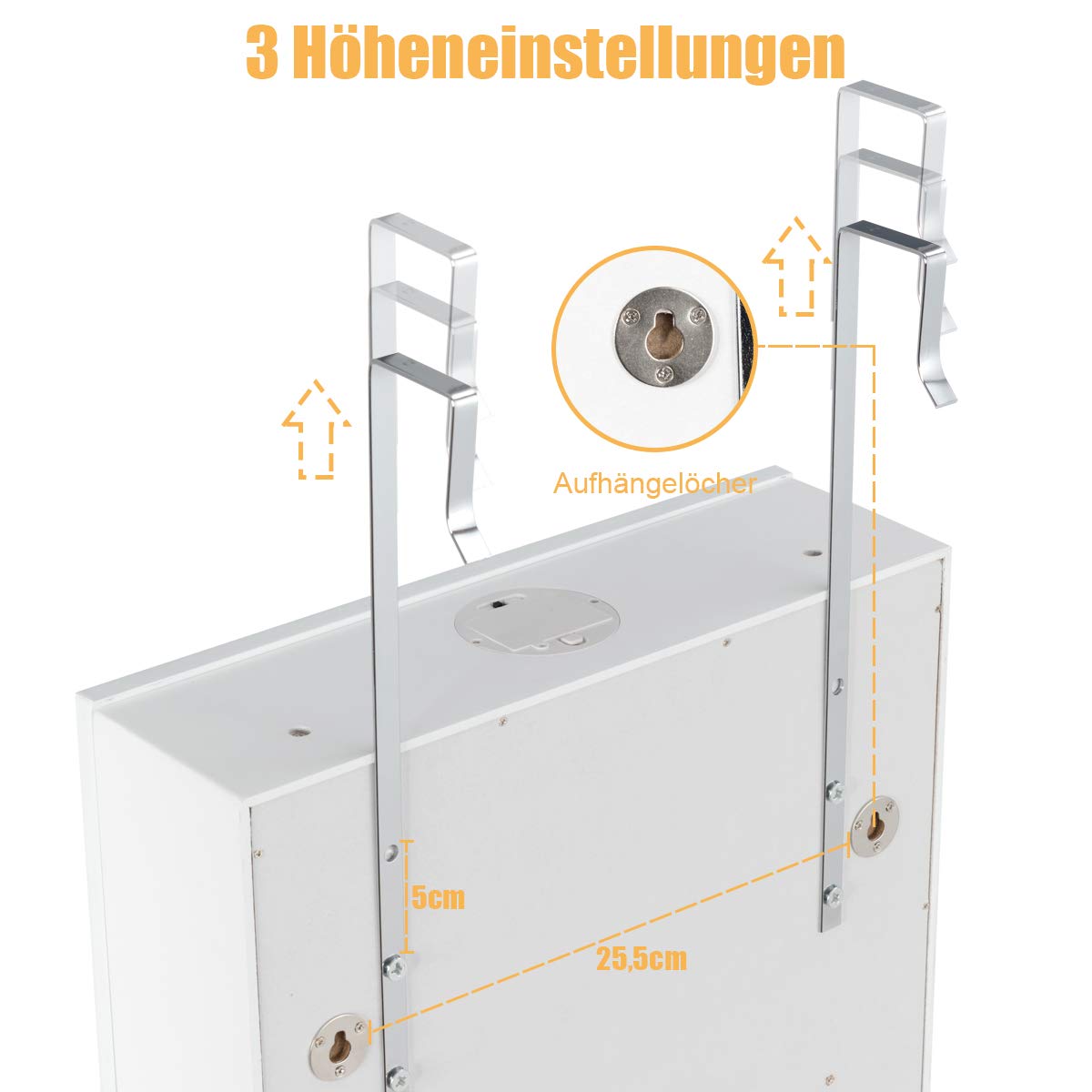 COSTWAY Armoire à bijoux avec éclairage LED, 6 tiroirs et miroir, armoire suspendue pour porte et montage mural, verrouillable (blanc)