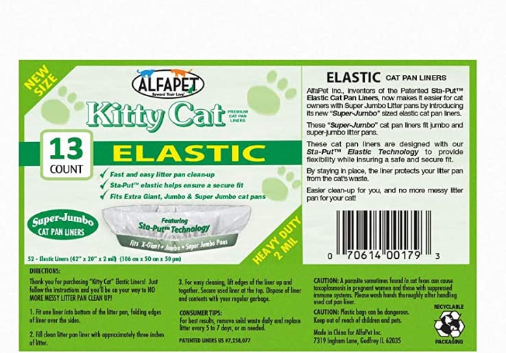 Alfapet Kitty Cat Pan Litter Box Disposable, Elastic Liners-13-Pack-For Extra-Giant, Jumbo, Super-Jumbo Size Litter Pans- with Sta-Put Technology for Firm, Easy Fit- Quick + Clever Waste Cleaners