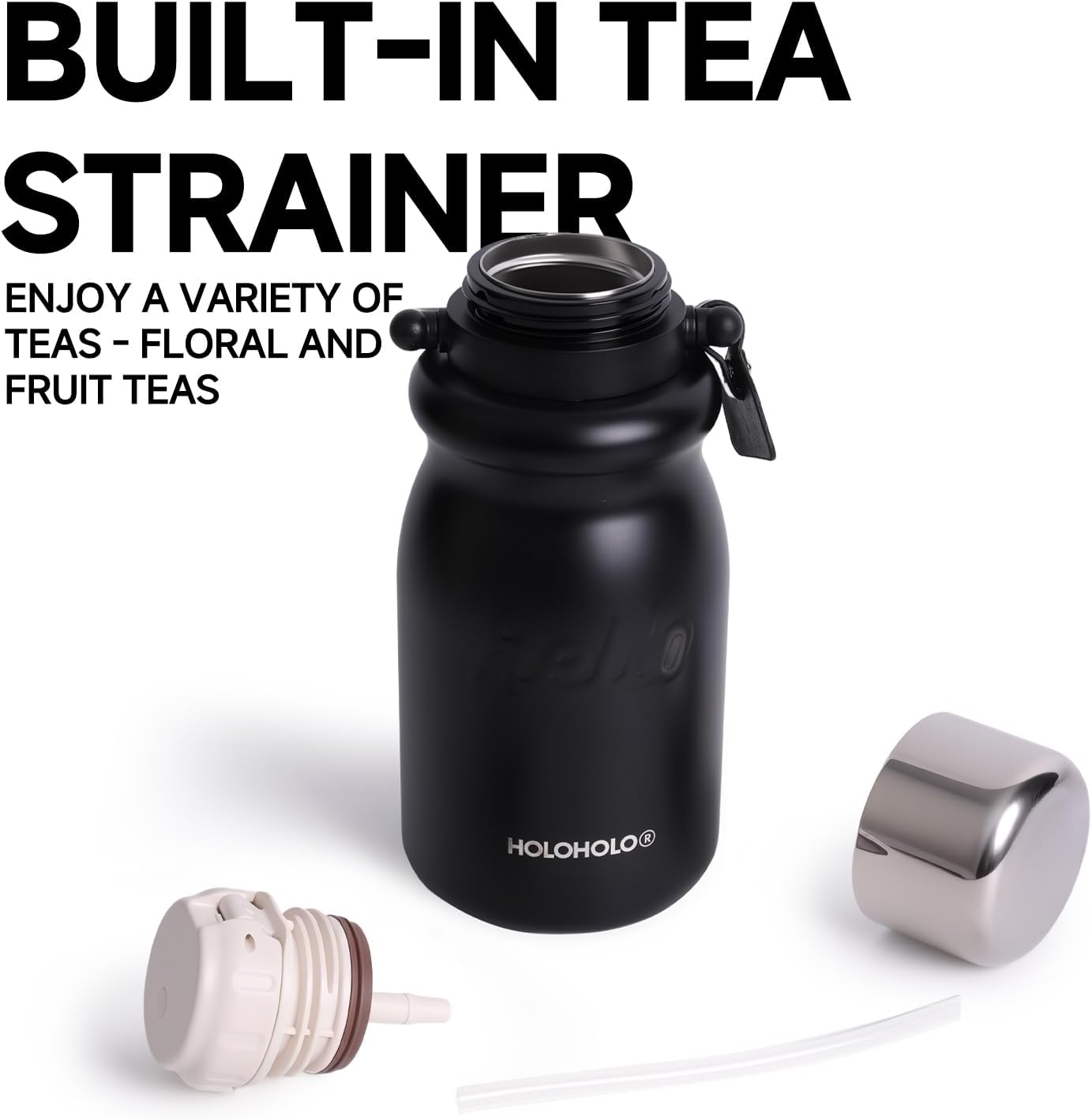 Insulated Water Bottle with POP-UP Straw Leak-Proof, Tea Strainer, Multipurpose Lid Cup, Handle, Stainless Steel, 24-Hour Temperature Control, 30 oz (Black) - Image 4