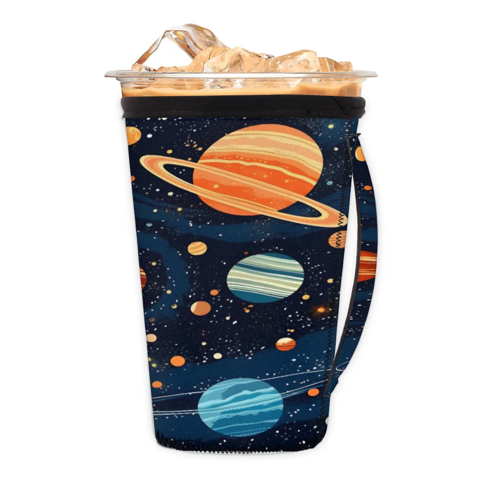 Beautiful Star Planet Reusable Neoprene Coffee Sleeve with Handle Insulated Iced Coffee Cup Holder Reduces Condensation Fits 24-28 oz Cups M
