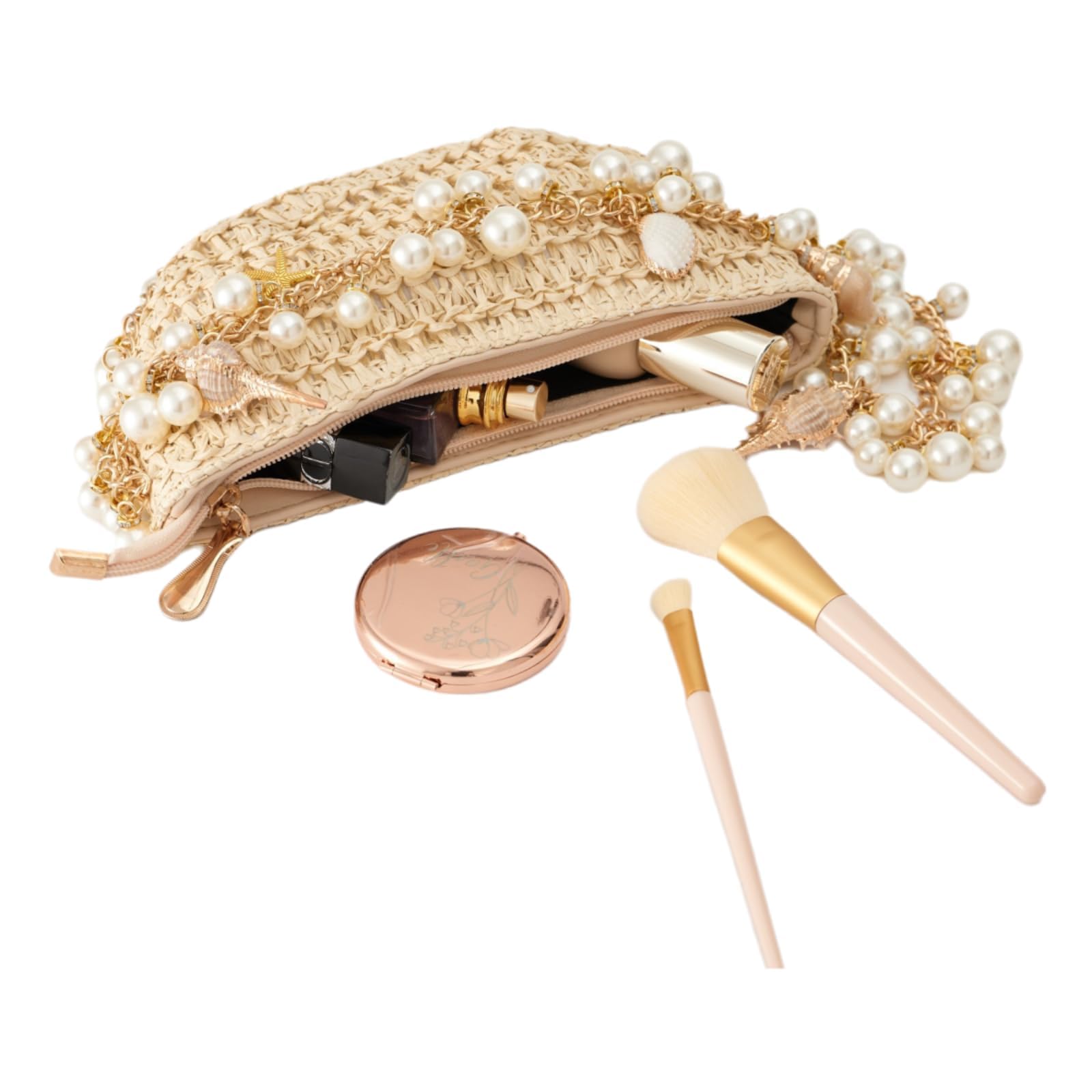 YUHATRG Women's Straw Woven Clutch Purse Summer Beach Pearl Conch Starfish Vocation Bag (Shell Shape)