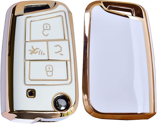 Miniatura 8 de SANRILY Golden-Edge - Funda para llavero con 4 botones para VW Tiguan Golf Jetta Polo Atlas Skoda sin llave protección completa con llavero