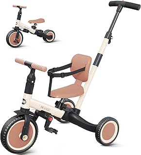 newyoo Toddler Tricycle with Push Handle for 1-3 Year Old, Toddler Bike, Birthday Gift and Toy for Boys and Girls, 5 in 1 Kids Trike, Balance Bike with Backrest and Safety Belt, Khaki, TR007