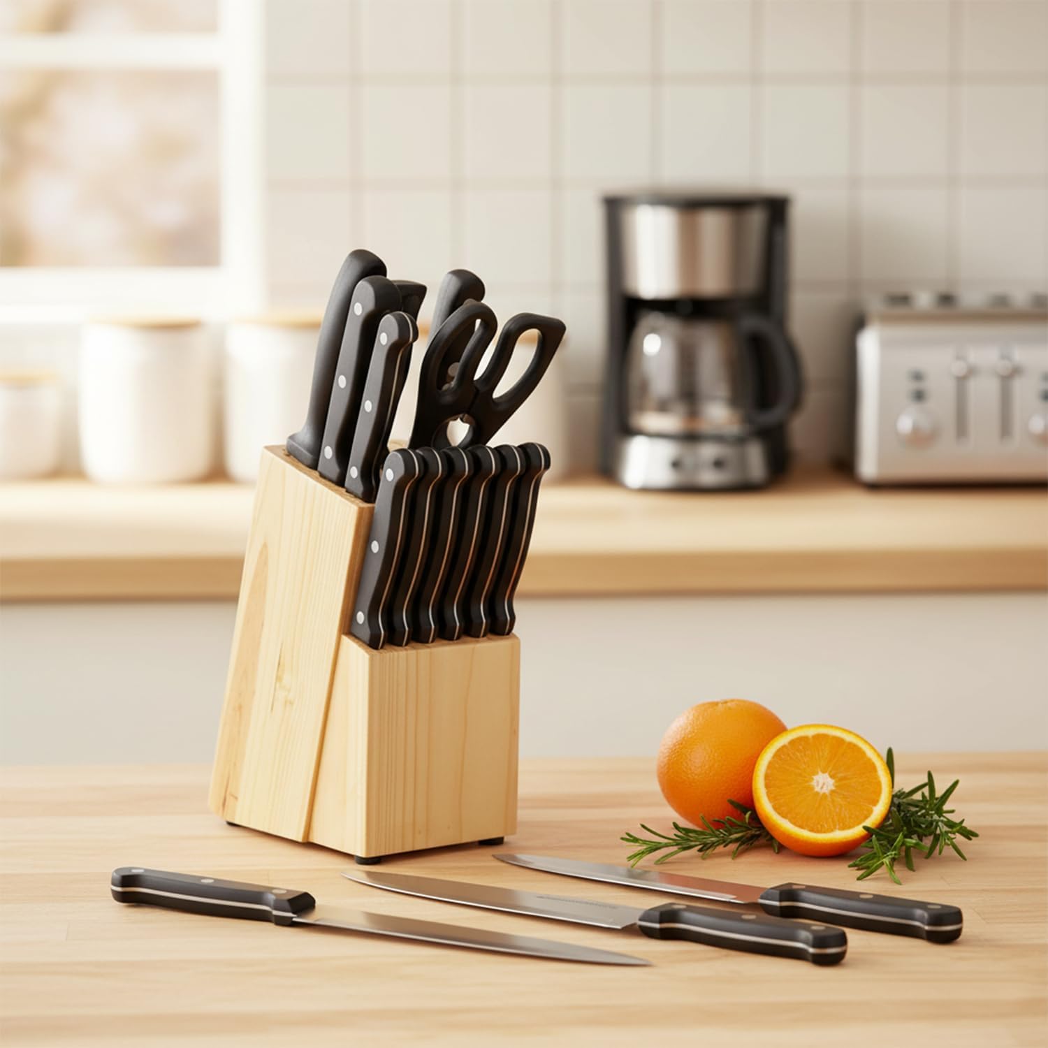 amazon basics Stainless Steel Knife Set with High-carbon Blades and Pine Wood Block, 14 Pieces