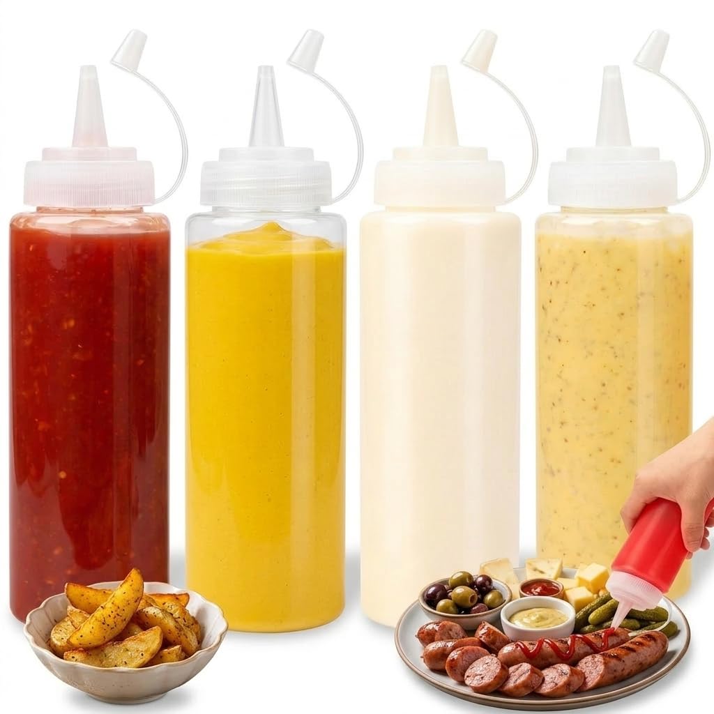 4 Pack Squeeze Bottle, 250ML Plastic Sauce Bottle with Nozzles for Ketchup