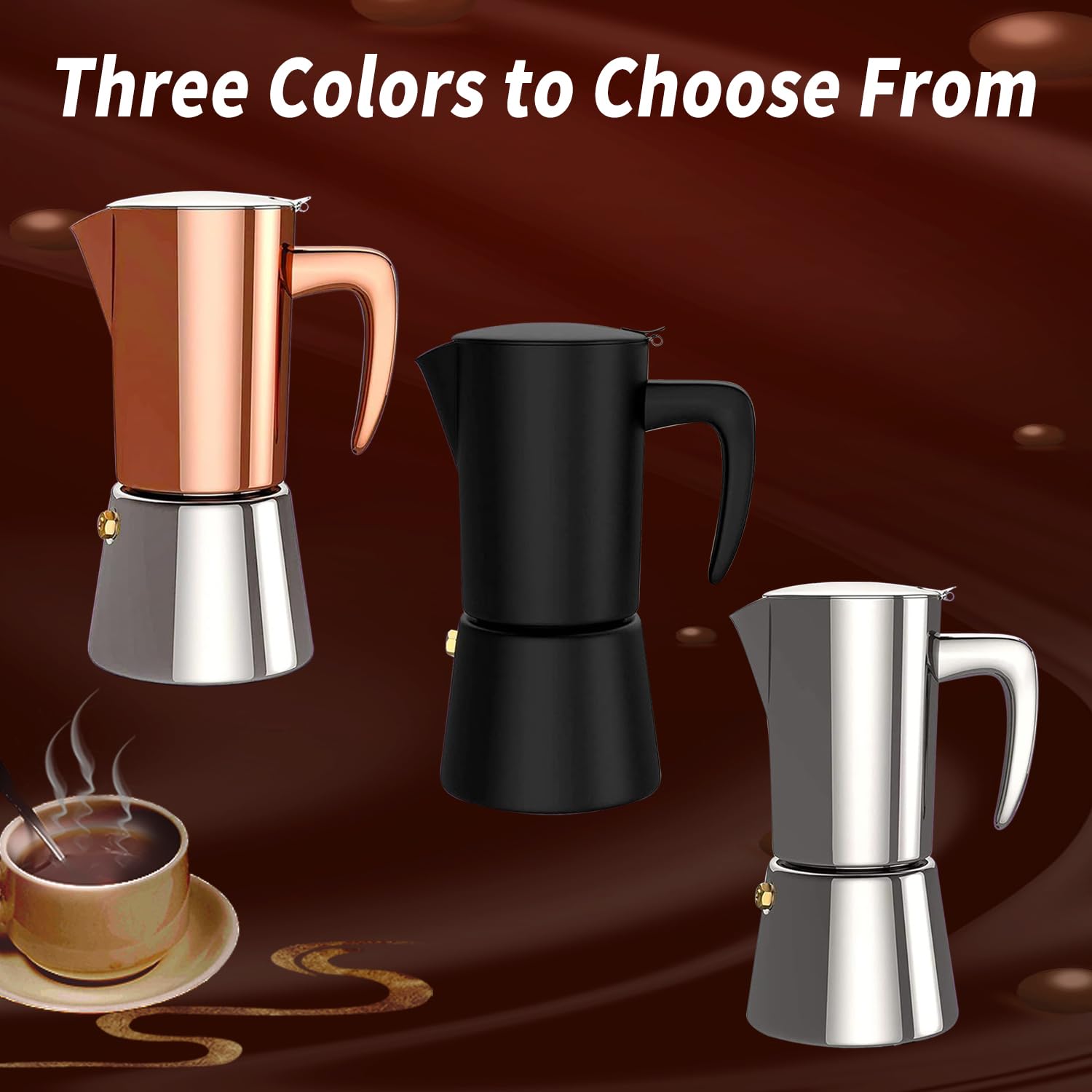 Cafetera italiana para café expreso, cafetera espresso de acero inoxidable para camping o uso doméstico, olla Moka de inducción, 6 tazas (10 onzas/300 ml), color marrón
