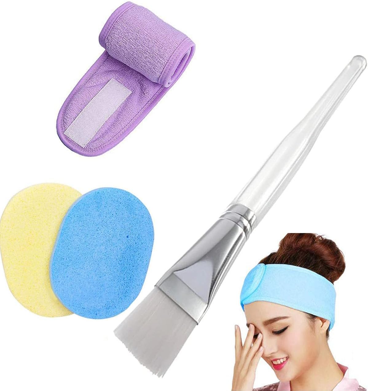 Fashion Headband Combo Facial Mask Brush Set Face Cleaning Sponge and Plastic Face Pack Brush for Men and Women's (Multi-Color) (Brush, Belt and 2 Sponge)