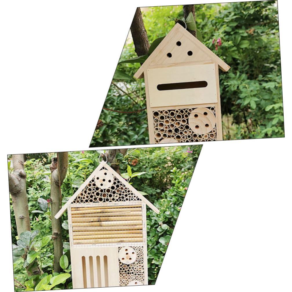 Angoily 2 Stück Insektenhotel im Holzhaus Stil Wand und Rahmenmontage für Garten als Nisthilfe für Bienen und Wildbienen zur Dekoration