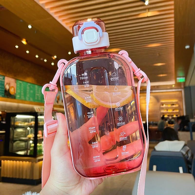 Miniatura 7 de Botella de agua plana transparente de 24 onzas, con correa de transporte desmontable y ajustable y tapa abatible, para el trabajo, viajes, escuela y