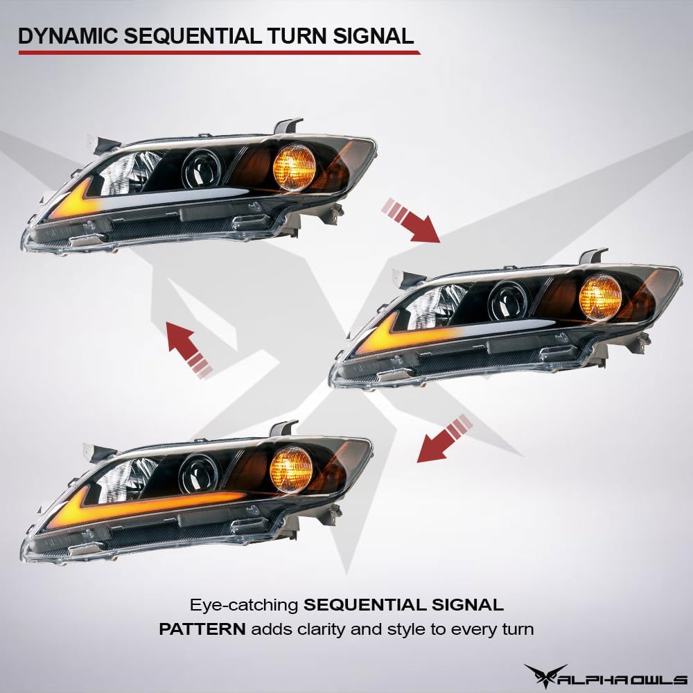 Alpha Owls Switchback Sequential LED Projector Headlights|Compatible With 2007-2009 Toyota Camry|8737828|Black Amber