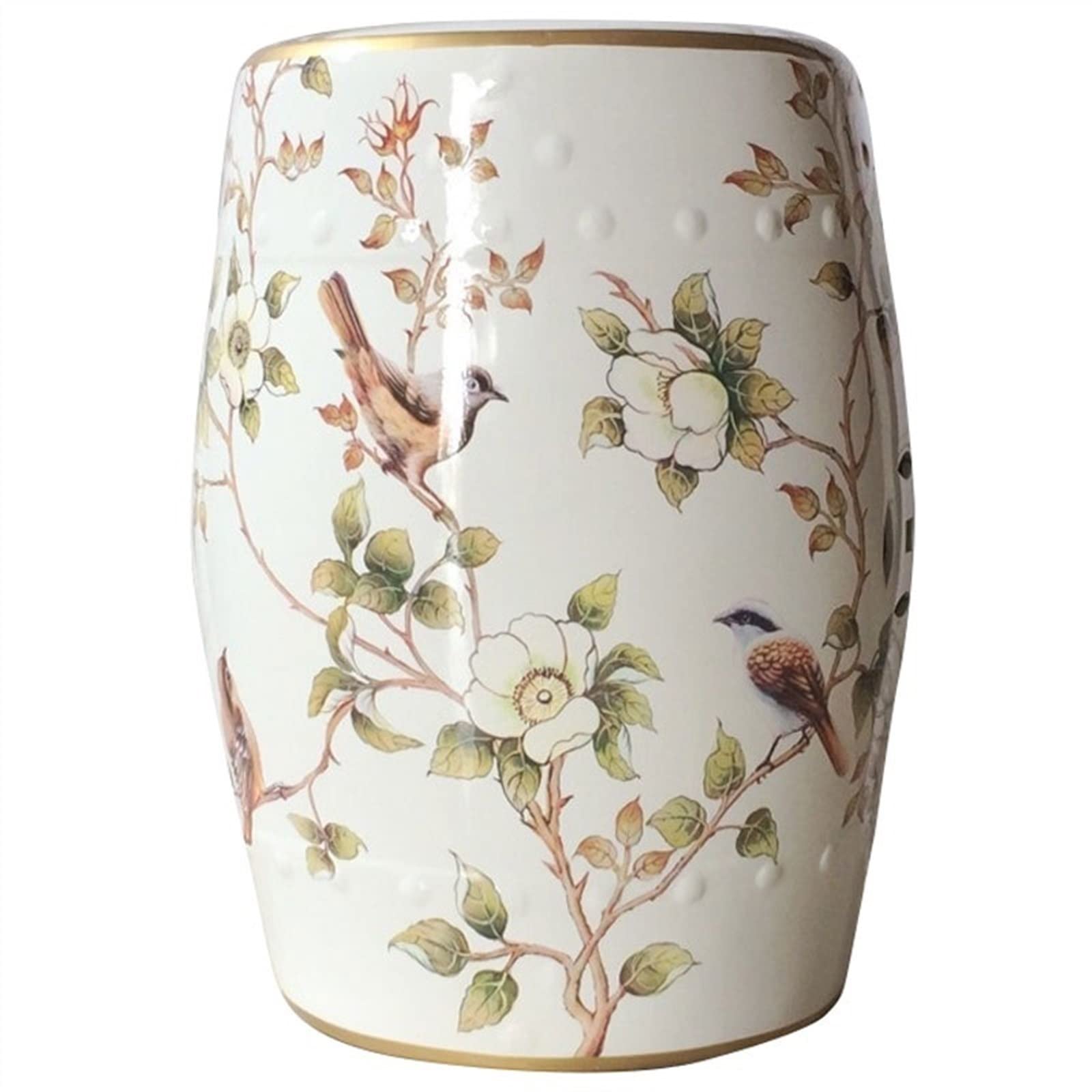 Decorative Ceramic Garden Stool, Glazed Hollow Flower and Bird Changing Stool, Suitable for Living Room, Balcony, Garden, Etc. (Color : White)