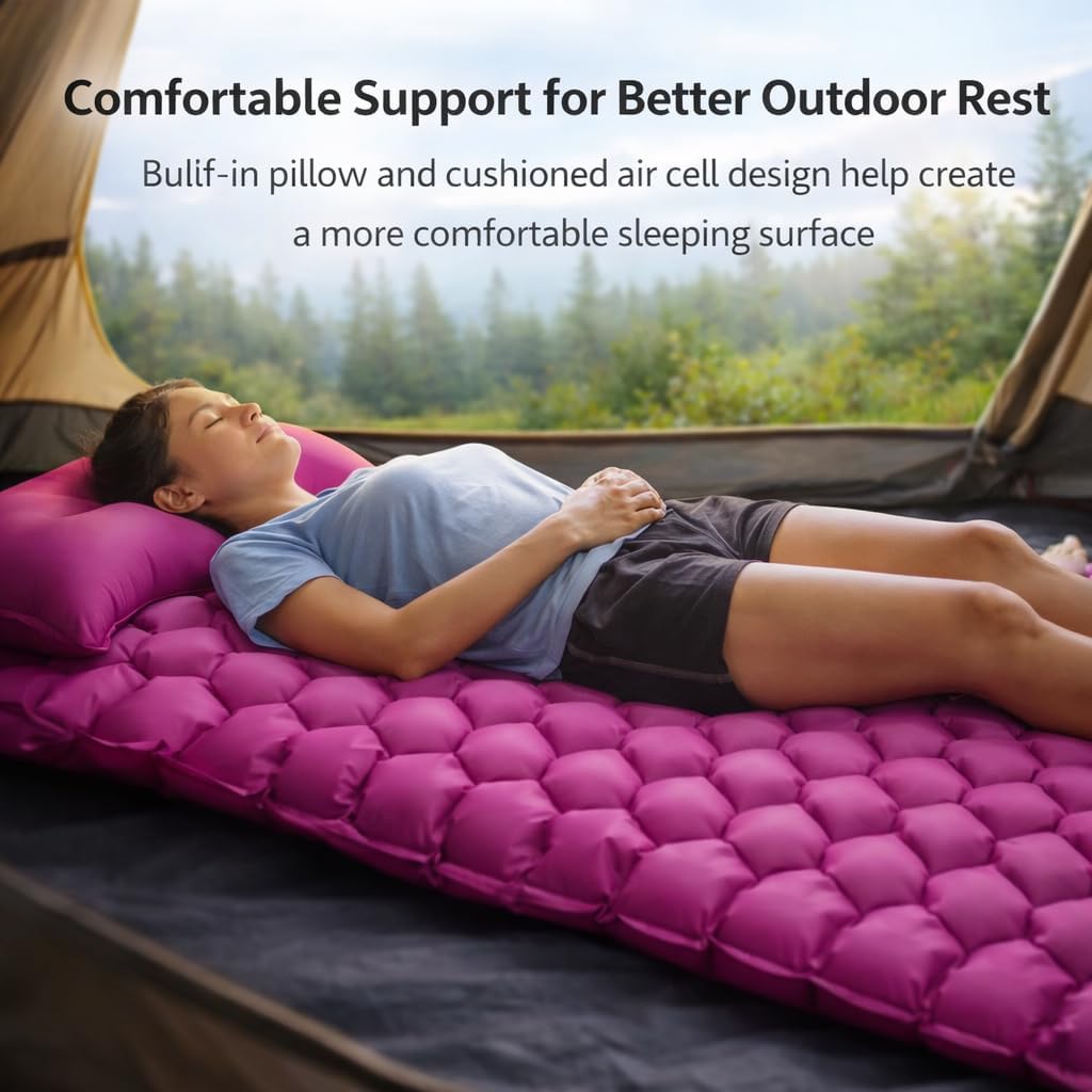 Ultralight Inflatable Sleeping Pad with Built in Foot Pump, Compact Camping Sleeping Mat with Pillow for Backpacking, Hiking, Travel and Tent Camping (Blue)