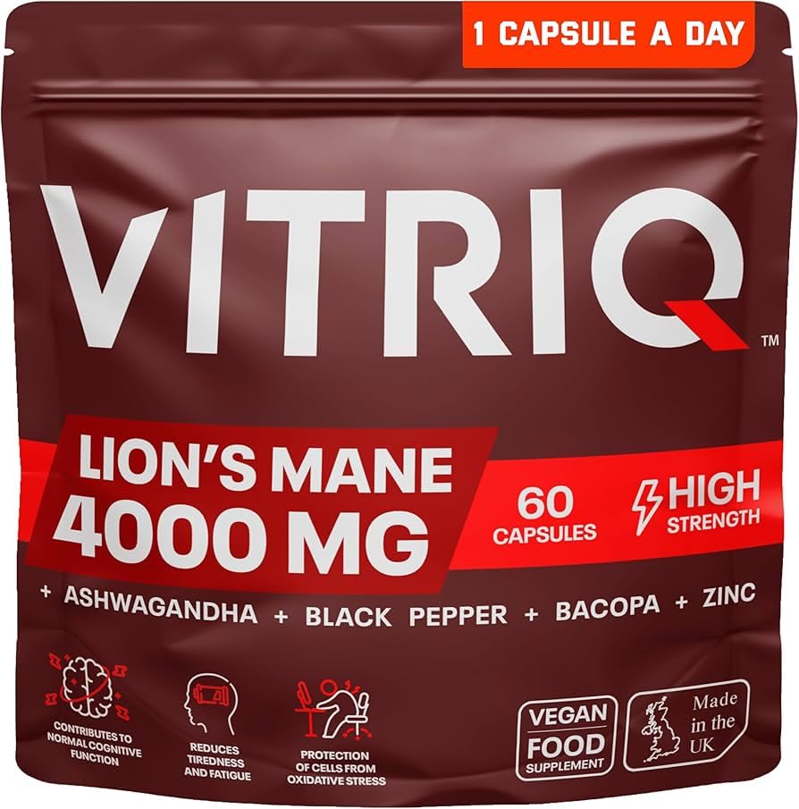 Organic Lions Mane and Ashwagandha KSM-66 Capsules, High Strength 4000mg Lions Mane Mushroom Extract and Ashwaghandha Root Extract, Supplement for Natural Calm & Stress Support, 1-a-Day - 60 Capsules