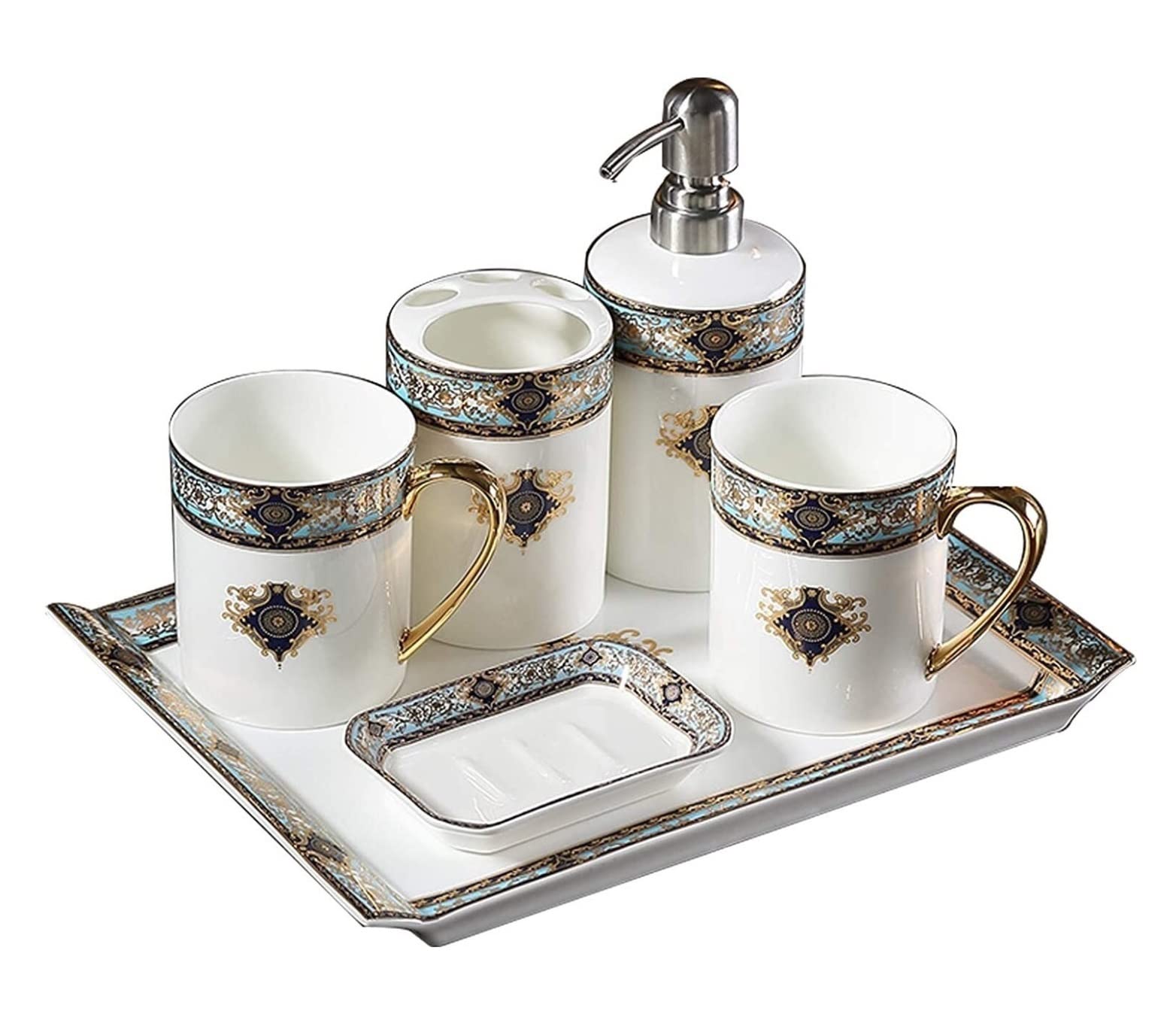 Zestaw Dozowników Mydła Retro Design Ceramiczny Zestaw Akcesoriów Łazienkowych Czeski Niebieski Akcesoria Do Kąpieli W Stylu Europejskim Łazienka(6-piece set)