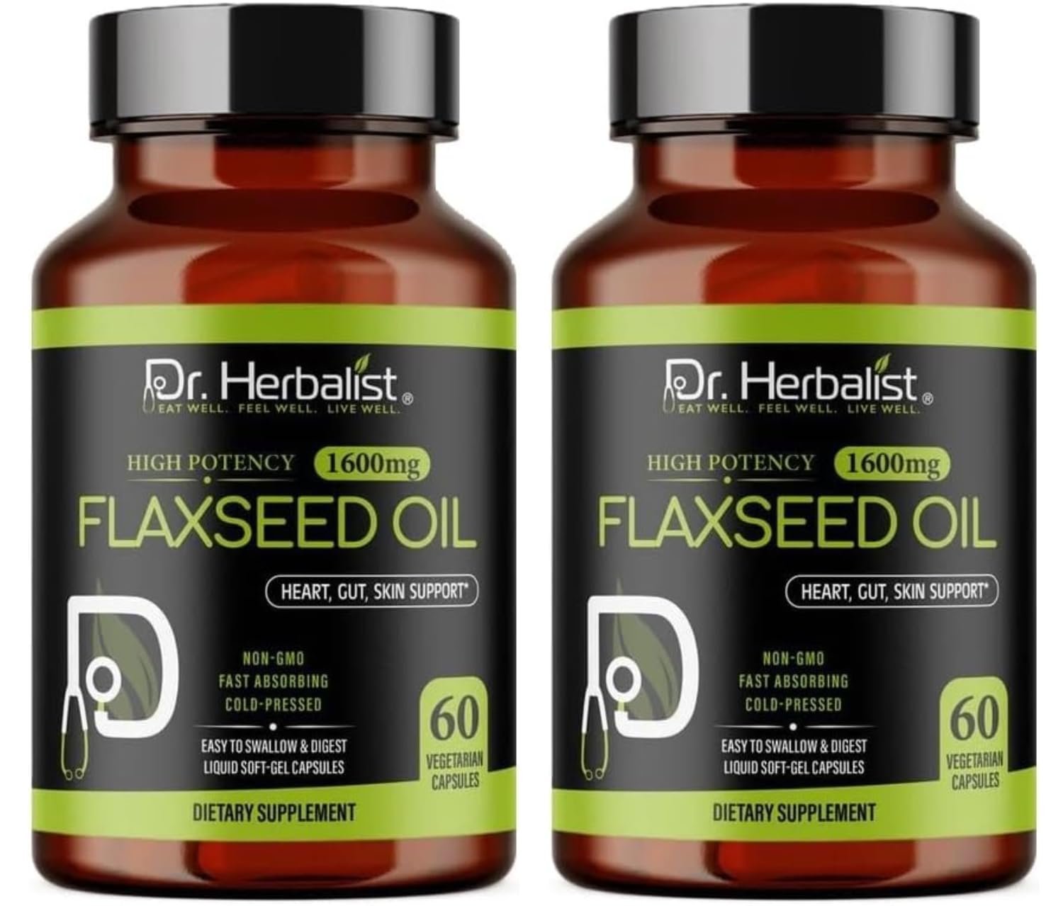 Dr. HERBALIST Flaxseed Oil 1600mg - 60 Capsules - Vegan, Gluten-Free, Source of Omega-3, 6 &amp; 9 for Daily Nutrition (Pack of 2)