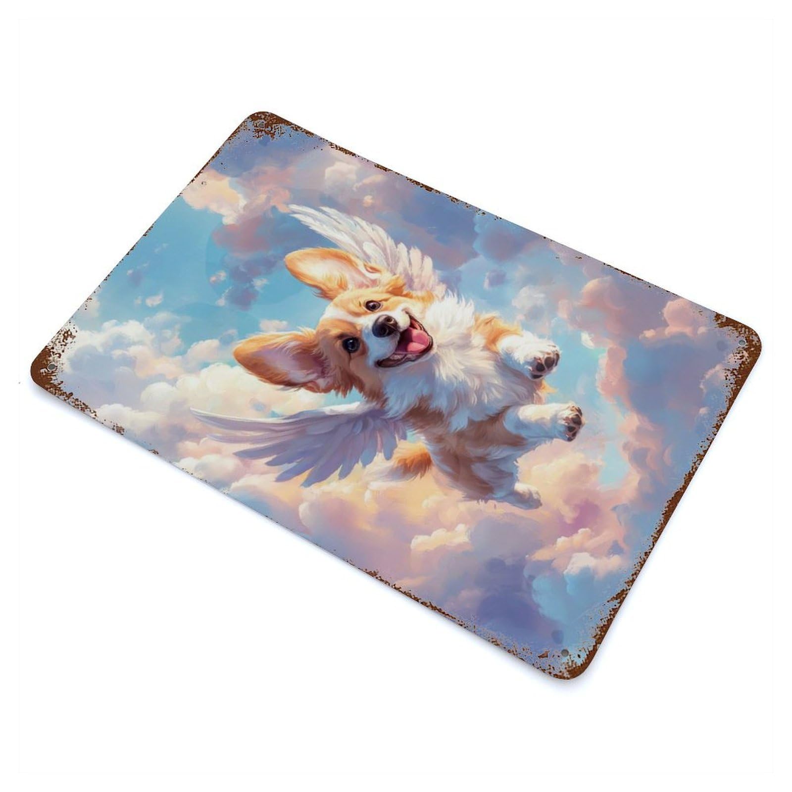 Welsh Corgi with Angel Wings A Heartfelt Memorial Print Vintage Wall Sign 11.8"x7.9", Rust Effect Metal Decor for Basement, Hobby Room And Garage Decor