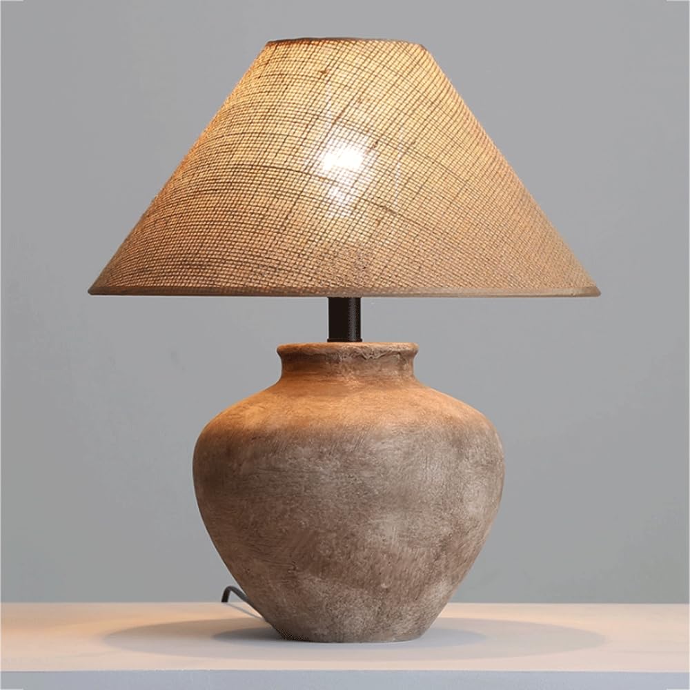 SANBDDLYY Minimalist Ceramic Table Lamp Linen Shade - Retro Pottery Bedside for Bedroom, Office, and Living Room