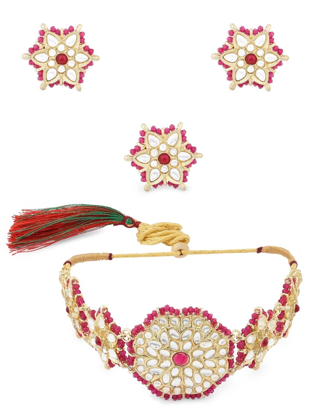 ZAVERI PEARLS Pink Crystal Beaded Ethnic Kundan Choker Necklace Earring & Ring Set For Women-ZPFK12113 (B09RFZ8R3F) Amazon Price History, Amazon Price Tracker
