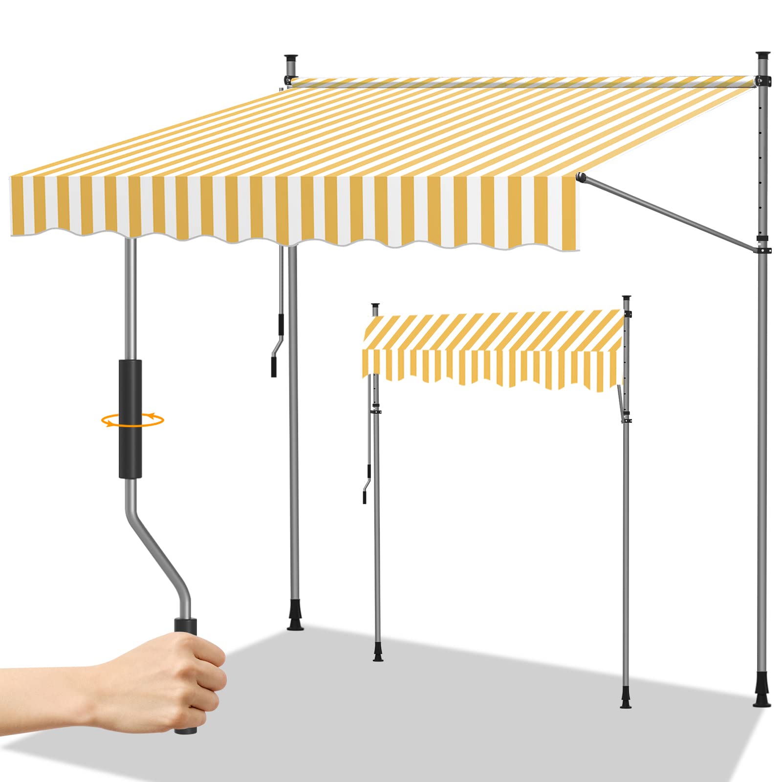 Randaco Klemmmarkise, Markise Einziehbar Manuell, Handkurbel Balkonmarkise ohne Bohren, 100% Polyester UV-beständig & Höhenverstellbar Wasserdicht, 250x120cm Orange und Weiß