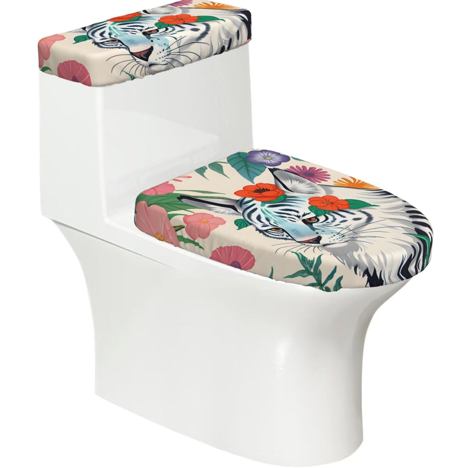 Cute White Tiger Elastic Toilet Cover Set of 2-Stretchy Lid and Tank Covers for Bathroom, Soft Washable U Shape Toilet Decor