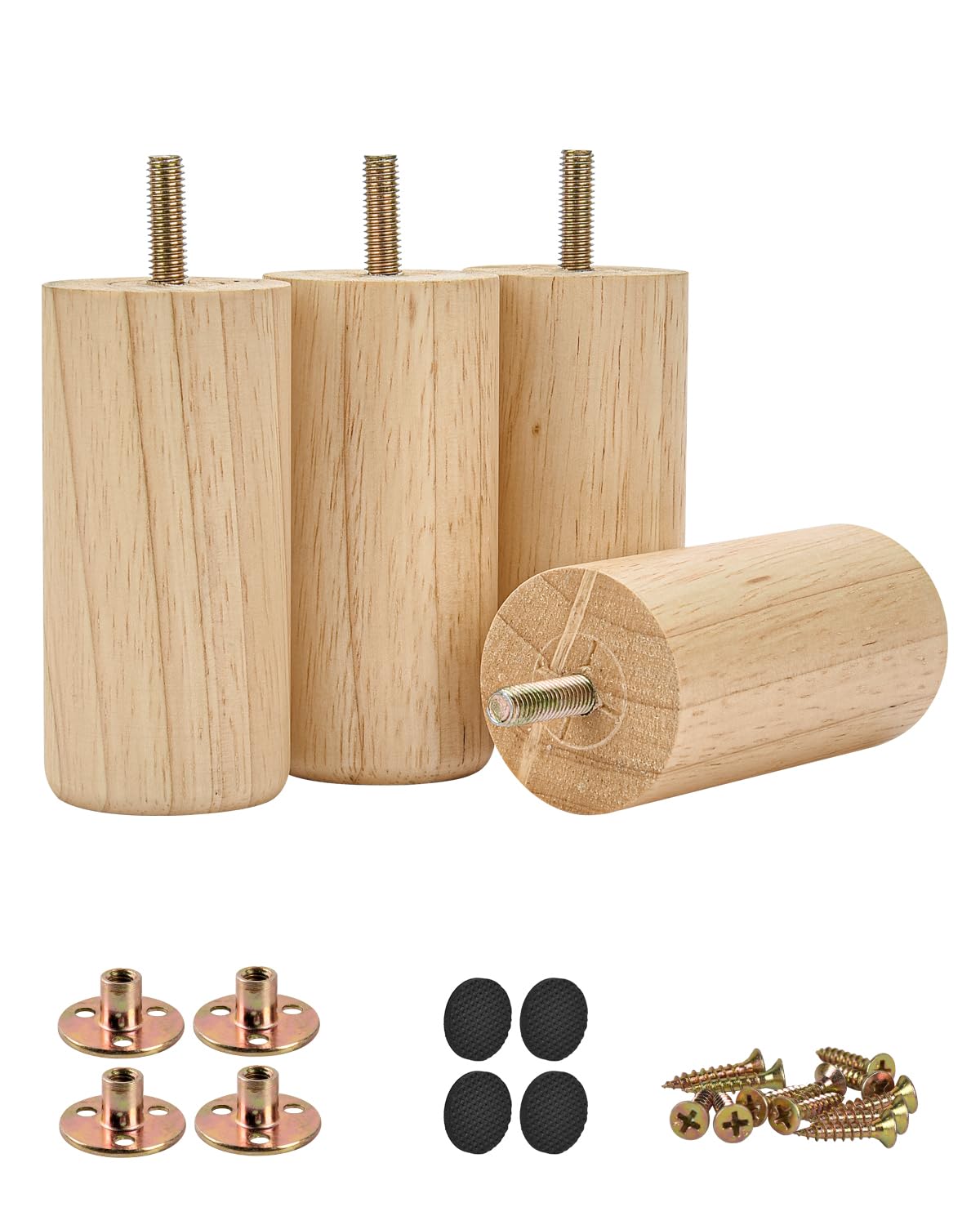 Btowin 4 inch massief houten meubelpoten, 4 stuks moderne ronde houten broodjespoten met schroefdraad 5/16 '' hangerbouten en montageplaat en schroeven voor bank, bank, kast, bed
