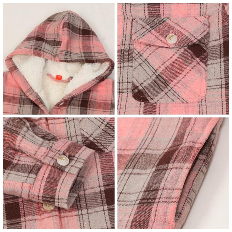 ThCreasa Girls Plaid Sherpa Lined Flannel Shirt Jacket Button Up Warm Jackets with Hood4