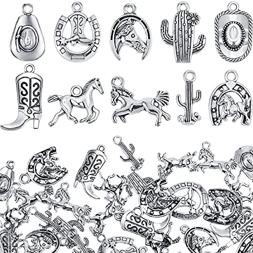 100 Pieces Western Cowboy Charms for Jewelry Making Alloy Antique Silver Cowboy Boot Hat Horse Cactus Charms Horse Western Pendant Cowboy Charms for Bracelet Necklace, 10 Styles