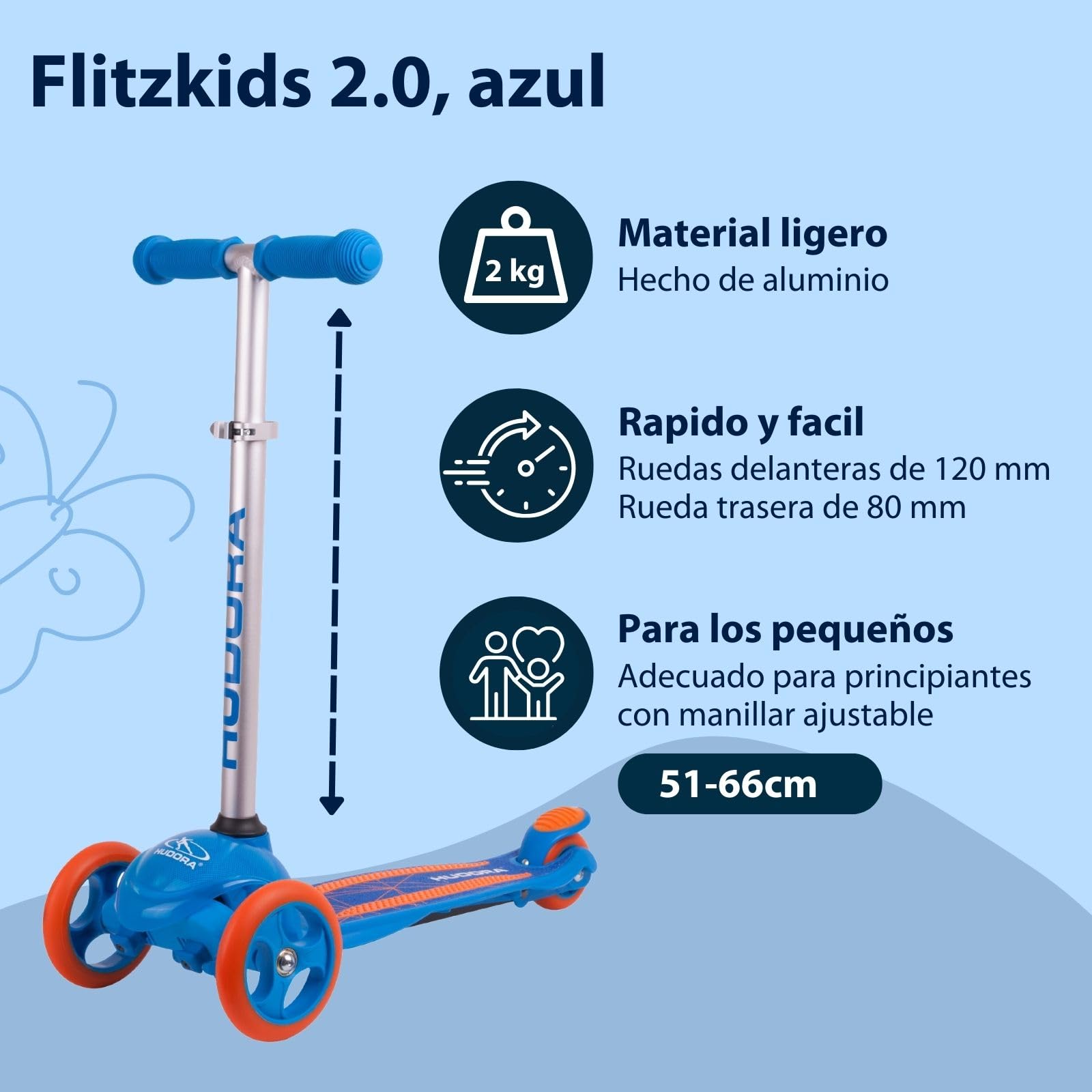 HUDORA Scooter Flitzkids 2.0 I Patinete para niños resistente con amplia plataforma I Scooter de tres ruedas mini ajustable en altura y portátil para hasta 50 kg I Patinete de aluminio para niños