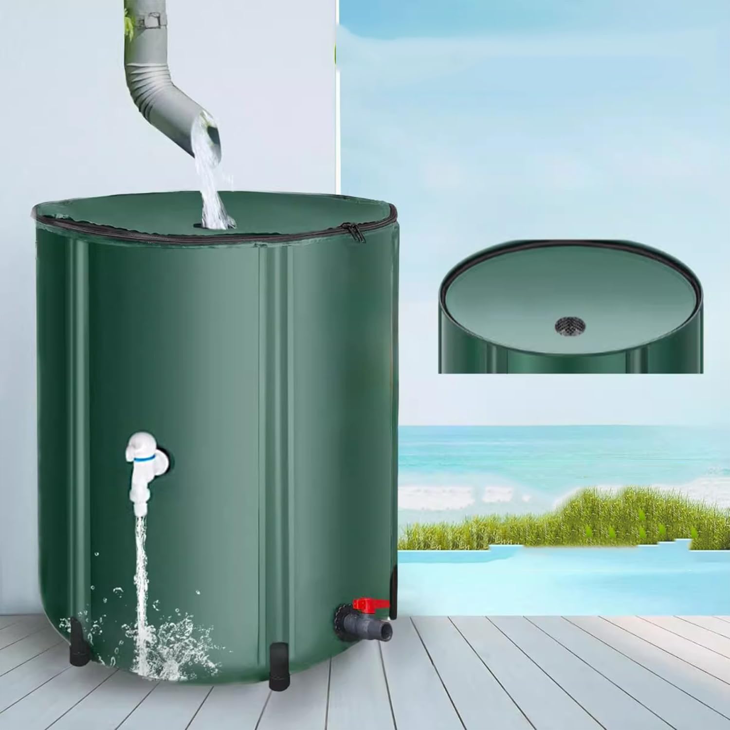 Depósito de recolección de agua de lluvia de 380 L con filtro de malla y grifo, anticorrosión, resistente al moho, a prueba de grietas, ideal para riego de jardín, solución de almacenamiento de agua