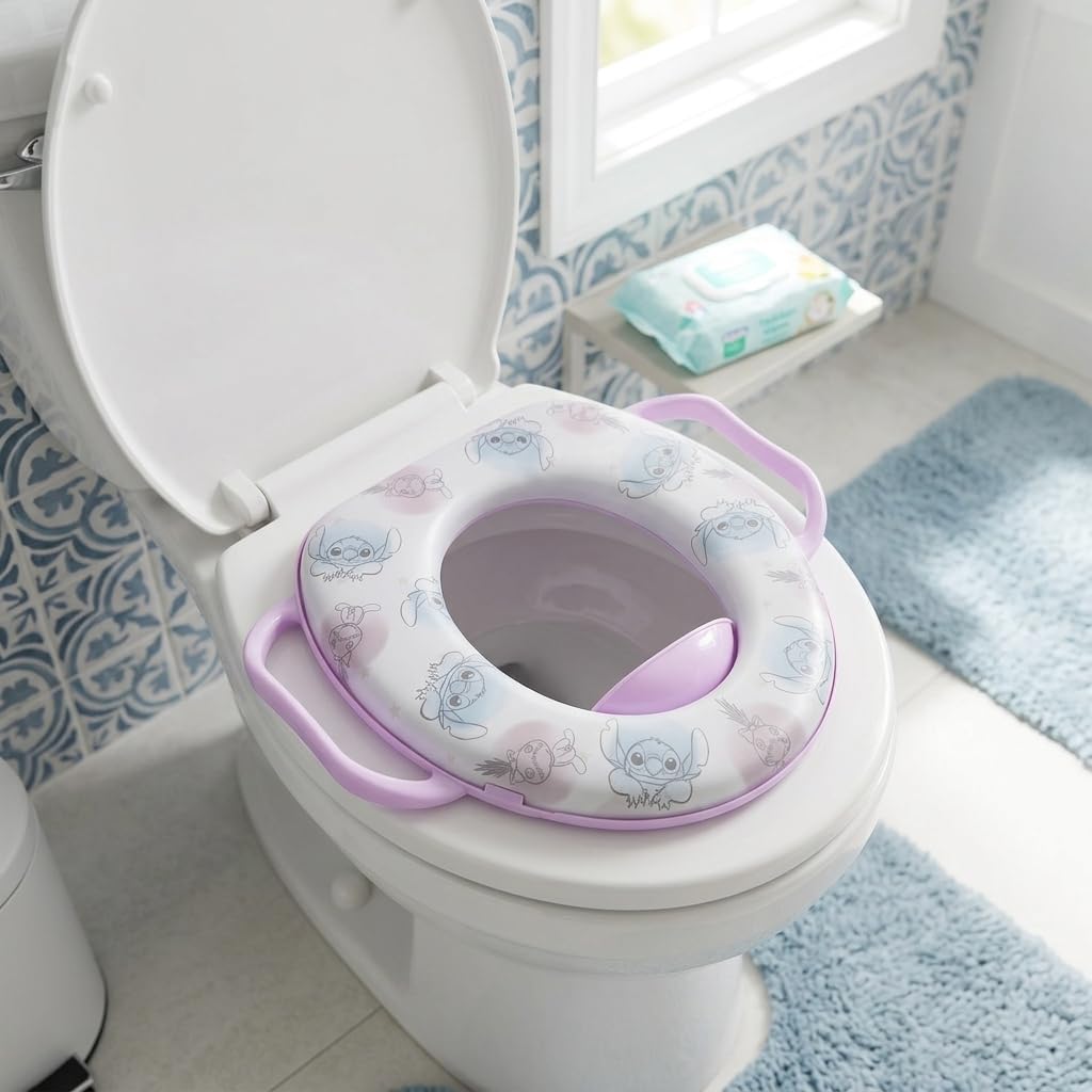Inodoro infantil Soft con asas, reductor de inodoro con estampado de Disney Stitch, asiento cómodo y antideslizante, fácil de limpiar.