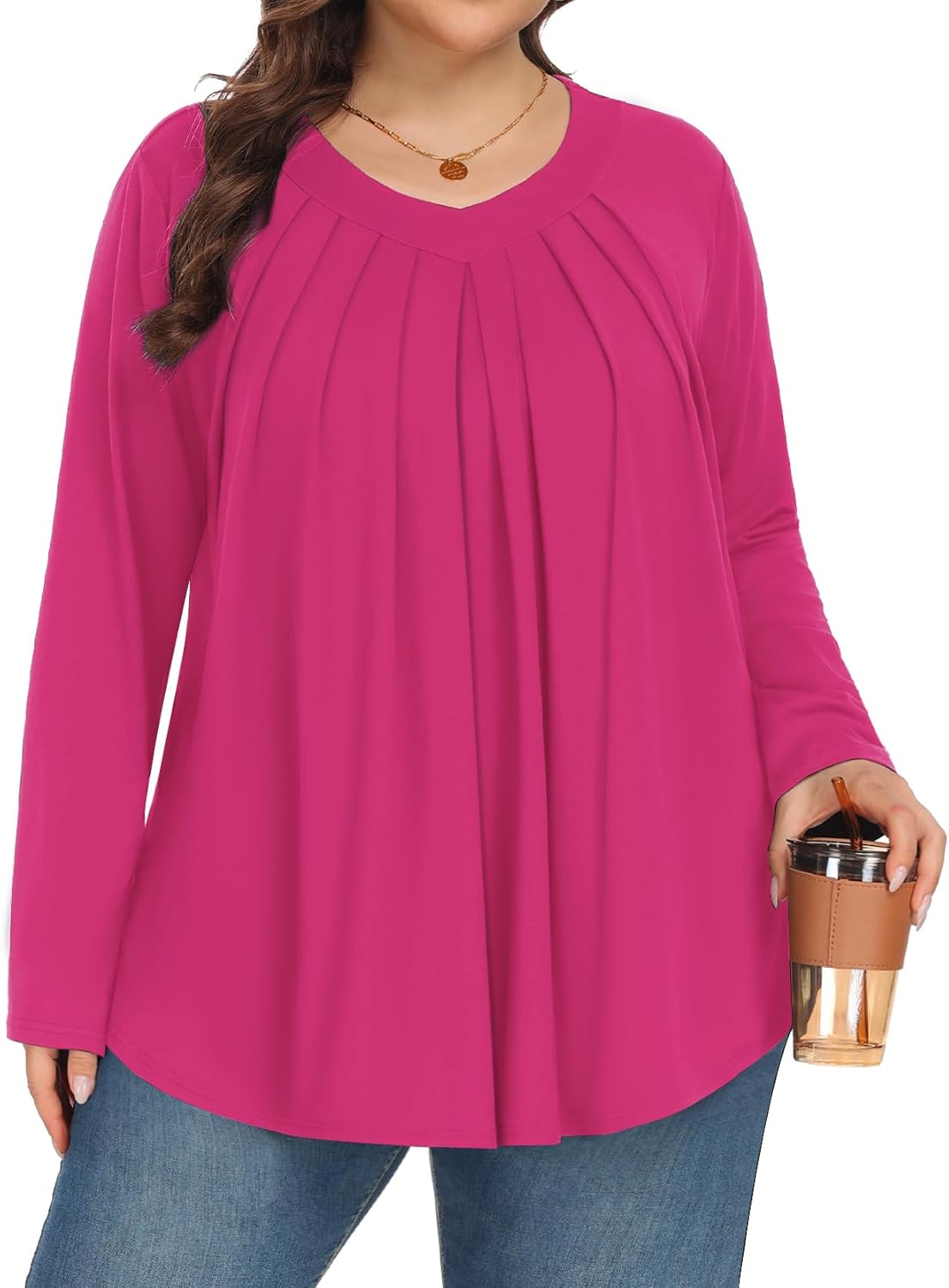 Tencede Womens Plus Size Tops Long Sleeve Shirts V Neck Tunic Blouses 1X-5X