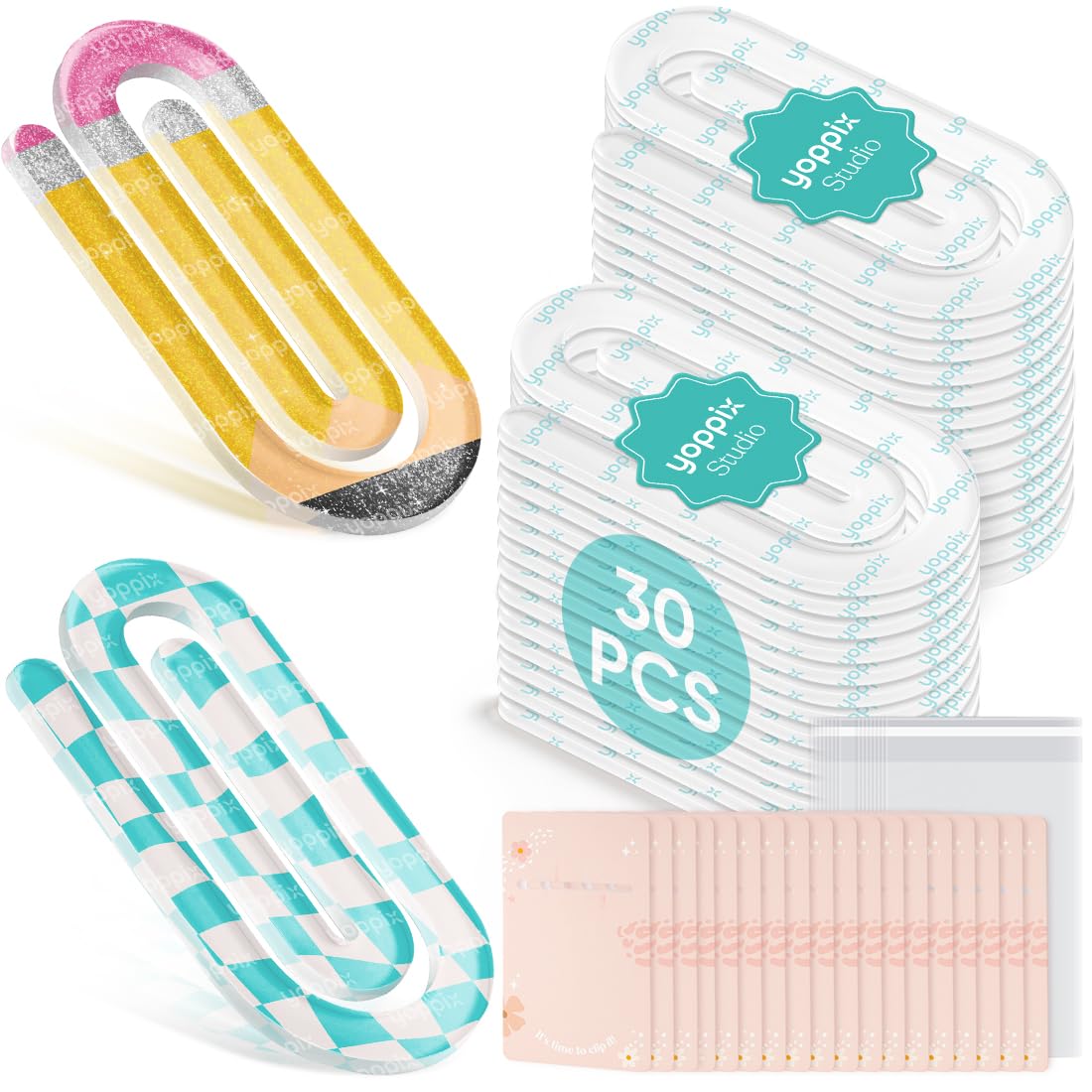 YOPPIX 30 Set Sublimation Paper Clips Blanks Bulk, Jumbo Sublimation Acrylic Paperclip Bookmark Clips with 30Pcs Back Card for Heat Transfer DIY