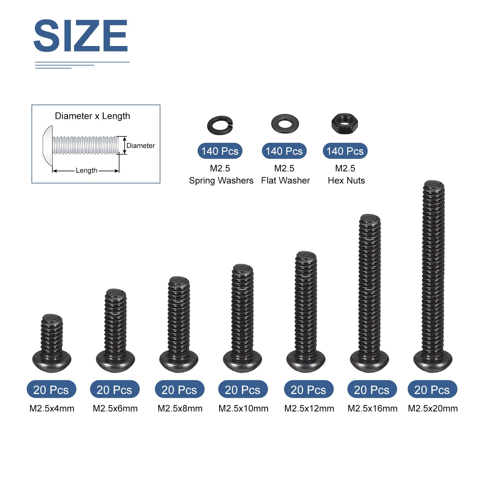 DTGN 560Pcs M2.5 Button Head Hex Socket Cap Screw, 4-20mm Bolt Nut Washer Assortment Kit Carbon Steel Black - Image 2