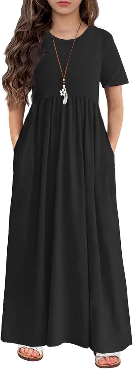 Arshiner Girls Maxi Dress Long/Short Sleeve Casual Holiday Dress with Pockets for 5-13 Years