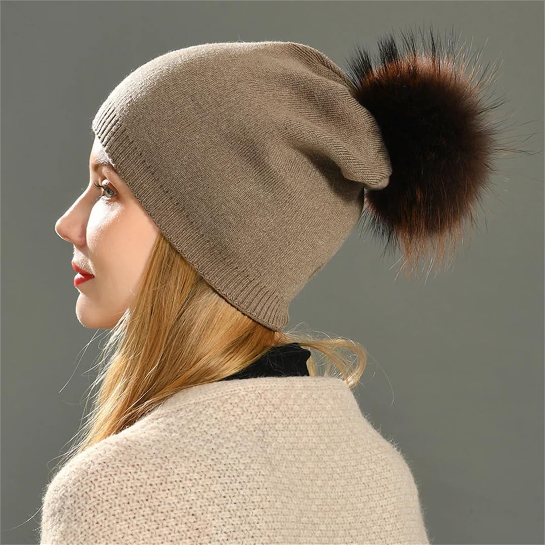 Gorros De Cachemira Para Mujer, Gorro De Punto Liso Con Pompón De Piel Grande, Gorros De Lana Cálidos Para Invierno