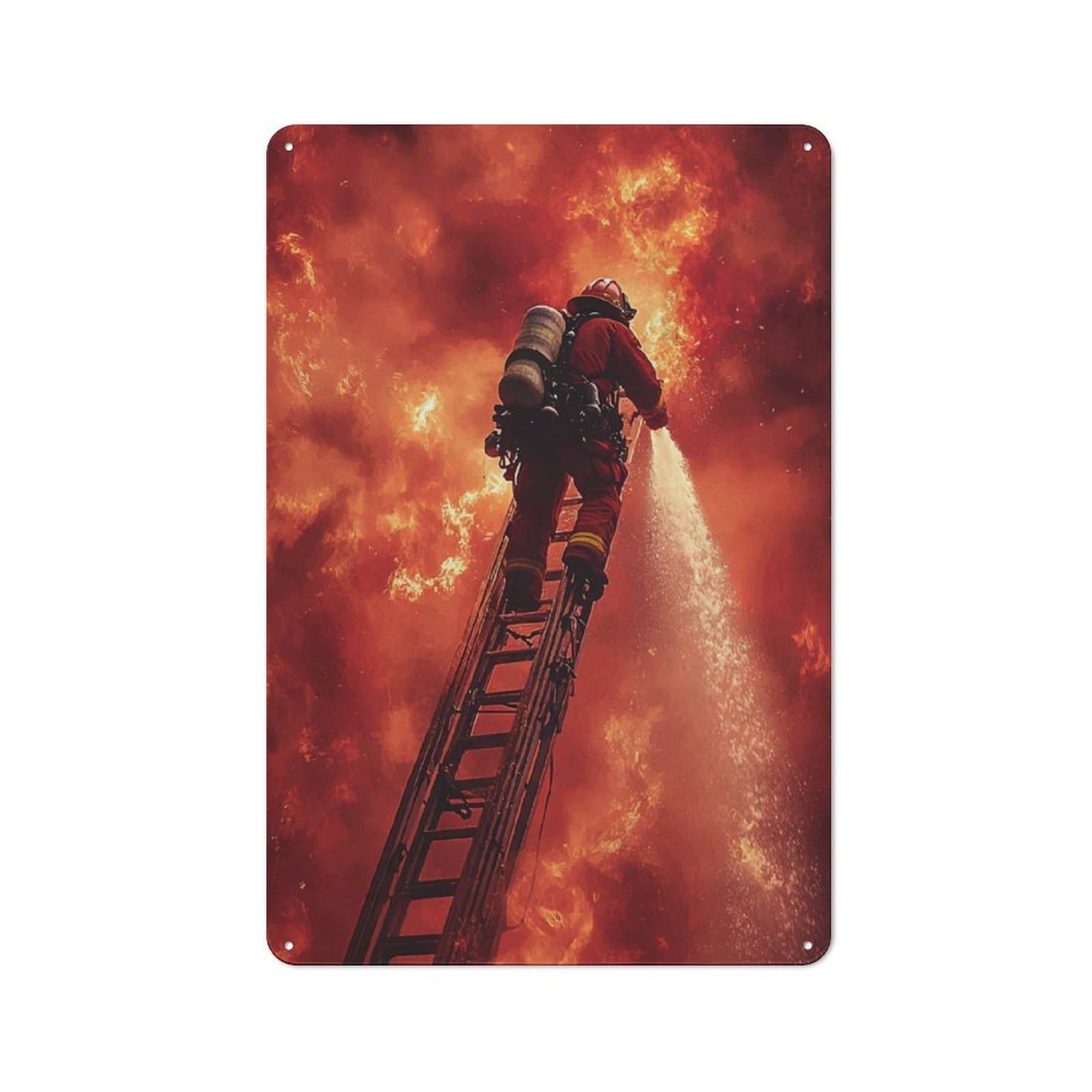 Junmoney Firefighter Battling Blaze Retro-Style Tin Sign 30X20cm For Living Room Or Hallway, For Home Wall Decor Collectors Refreshing A Room In Autumn