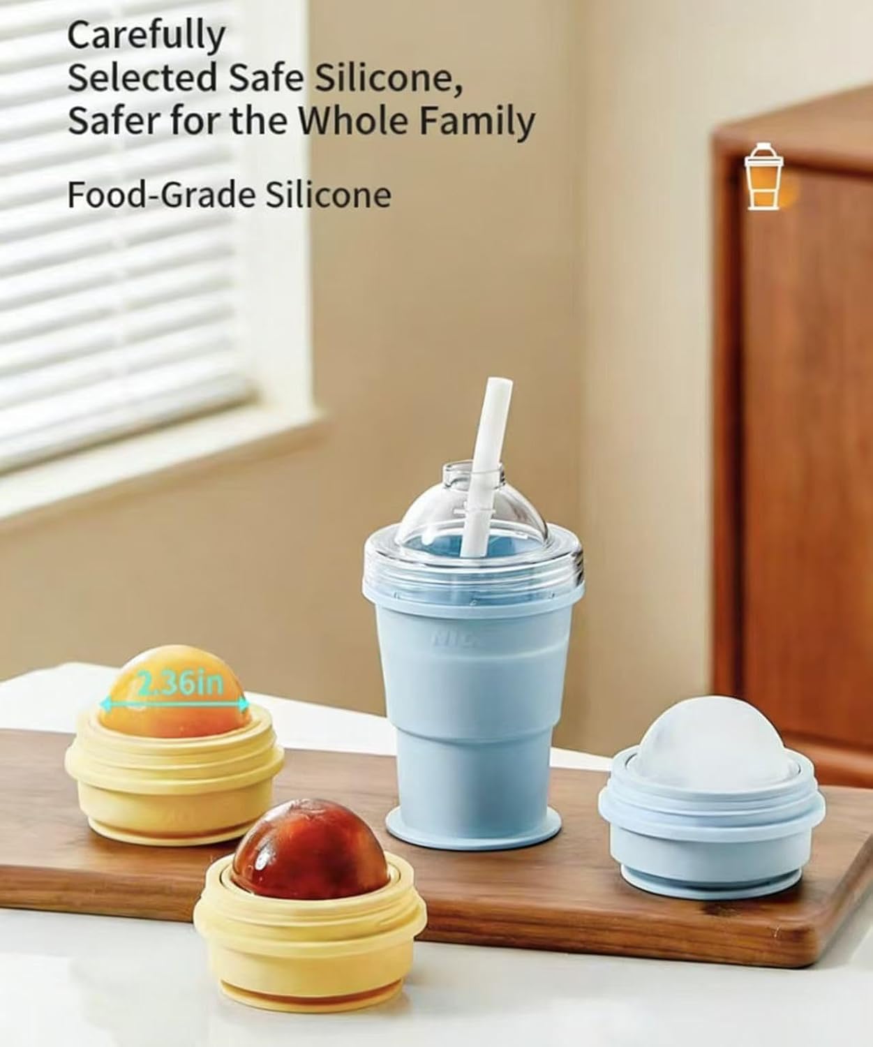 2-in-1 Collapsible Silicone Ice Ball Maker Cup, Reusable Portable Ice Sphere Mold with Straw & Lid, Easy Demolding, Leakproof Travel Tumbler for Coffee, Juice, Home, Gym, Outdoor (A+B)