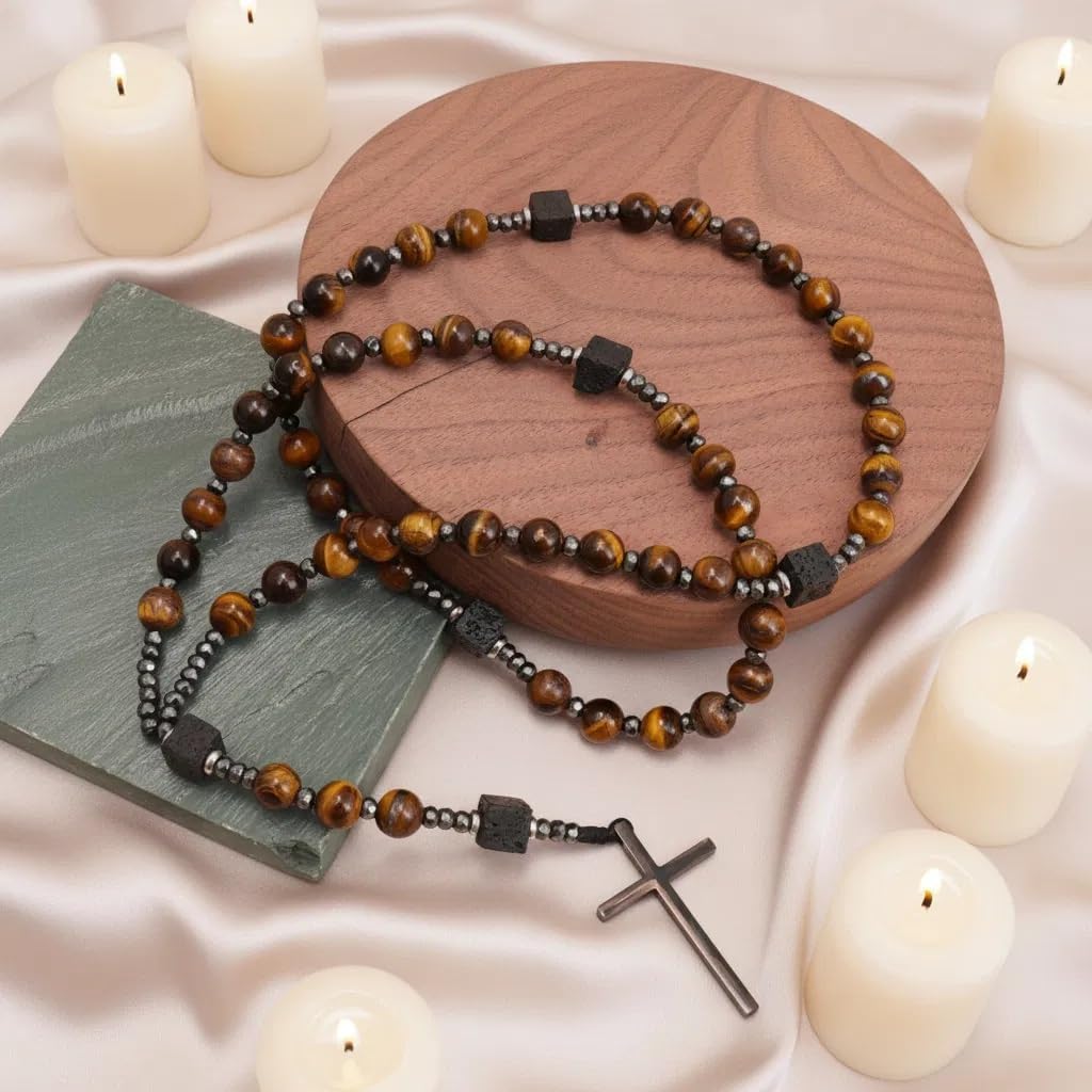 Nazareth Store Men's Rosary Necklace Black Onyx or Tiger Eye Beads with Black Alloy Cross, Catholic Christian Religious Jewelry, Gift for Him - Image 6