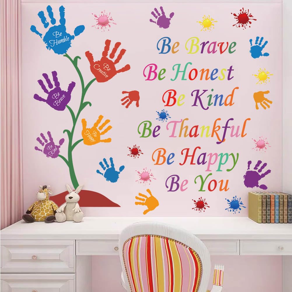 Colorful Inspirational Wall Decals Quotes Be Thankful Be Creative Be Brave Vinyl Paint Splatter Handprint Wall Art Sticker Peel and Stick Wall Decor Motivational Saying Wall Stickers for Kids Bedroom