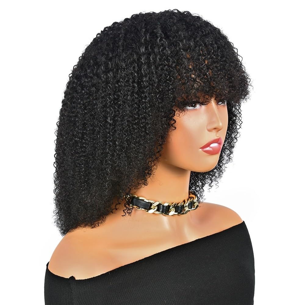 xiuling4568 Afro Kinky Curly Human Hair Wig with Bangs Glueless Wigs for Women 180 Density 200 g Hairs Extensions(14 inch)