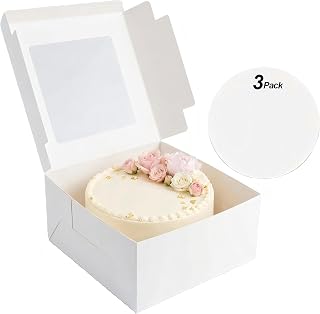 10x10x8 Inch Cake Boxes with Window, 3 Pack White Square Bakery Boxes with Lids, Sturdy Tall Cake Containers for Multi-Layer Cakes, Pastries and Pies