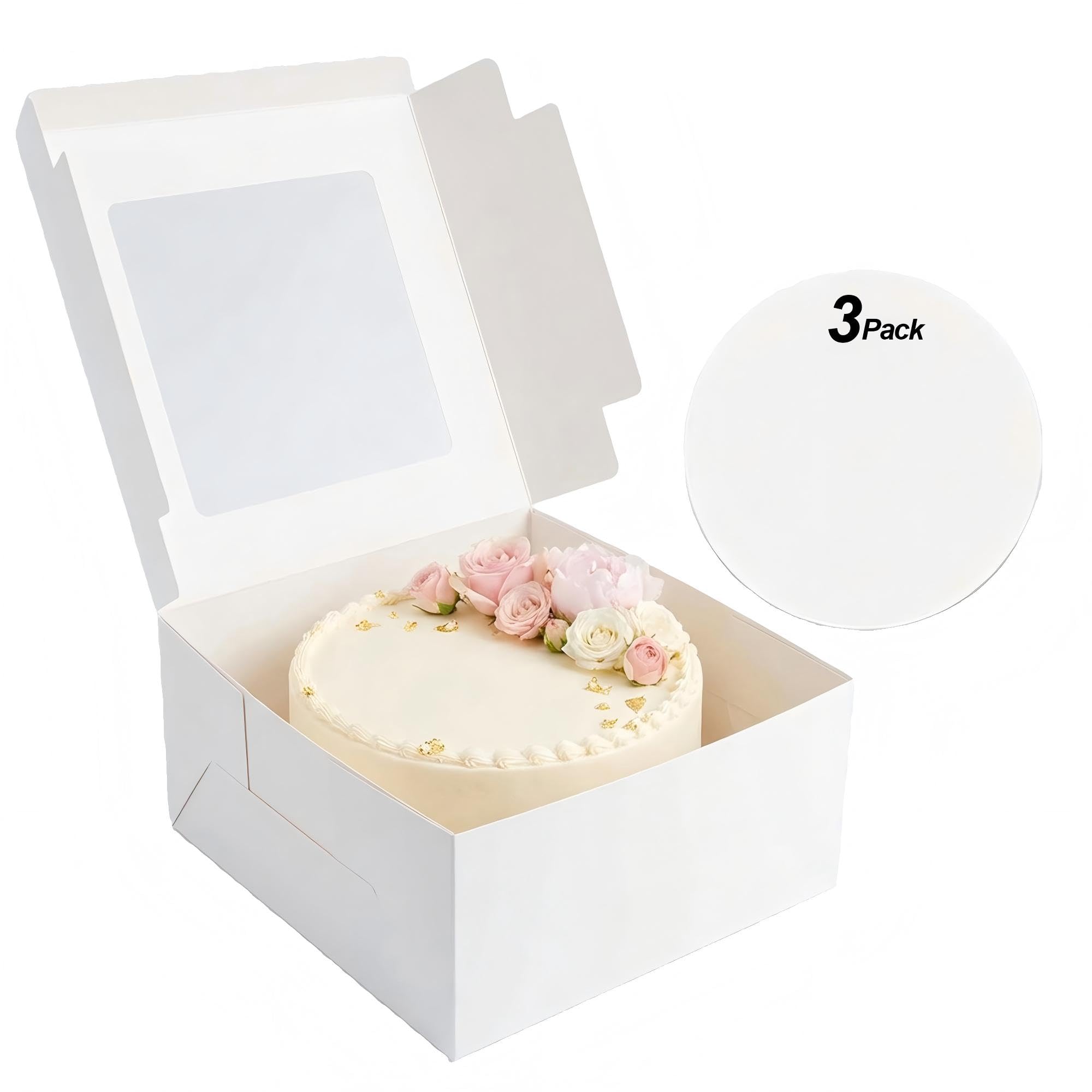 Pnsxing White 3 Pack Cake Boxes 10X10x8 Inches Square Bakery Boxes With Window And Cardboard Disposable Cake Containers With Lids For Cake Pastry Donuts Pies Cookies