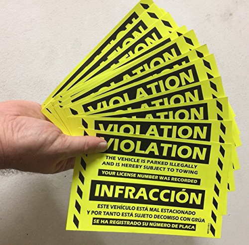 Parking Violation Stickers for Cars (Fluorescent Yellow) - 50 Bilingual Spanish No Parking Prohibido Estacionar/Hard to Remove Super Sticky No Park Tow Warnings 8” x 5” by MESS