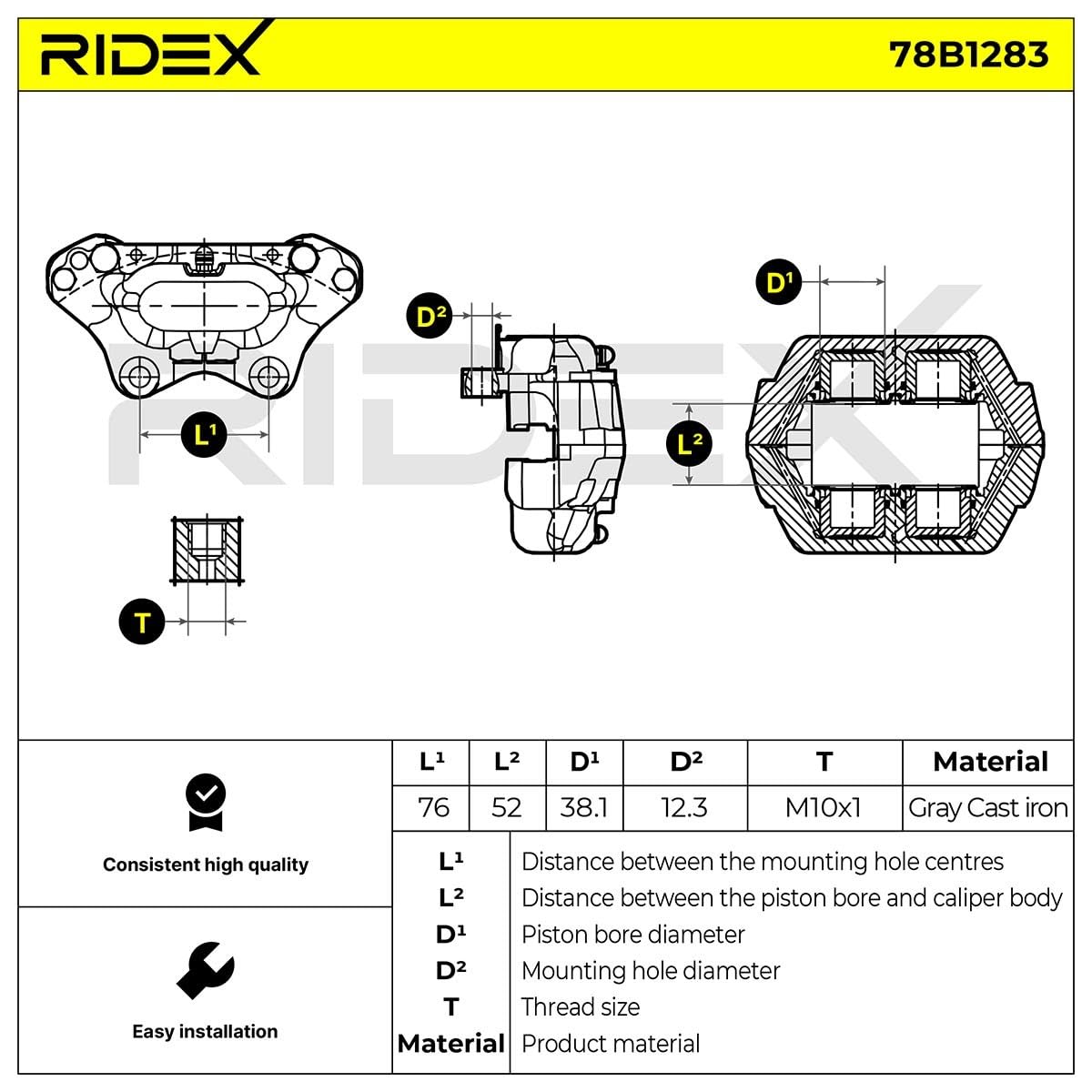 RIDEX 78B1283 Pinza de freno Delantero Derecha Delantero con pistón con bastidor de soporte Compatible con VOLVO 240 P242, P244