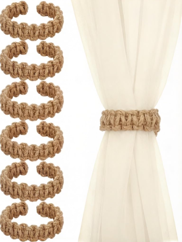 6 Pack Boho Natural Jute Rope Curtain Tiebacks, Handmade Braided Rustic Farmhouse Decor Holdbacks for Sheer and Lightweight Curtains Home Office Outdoor