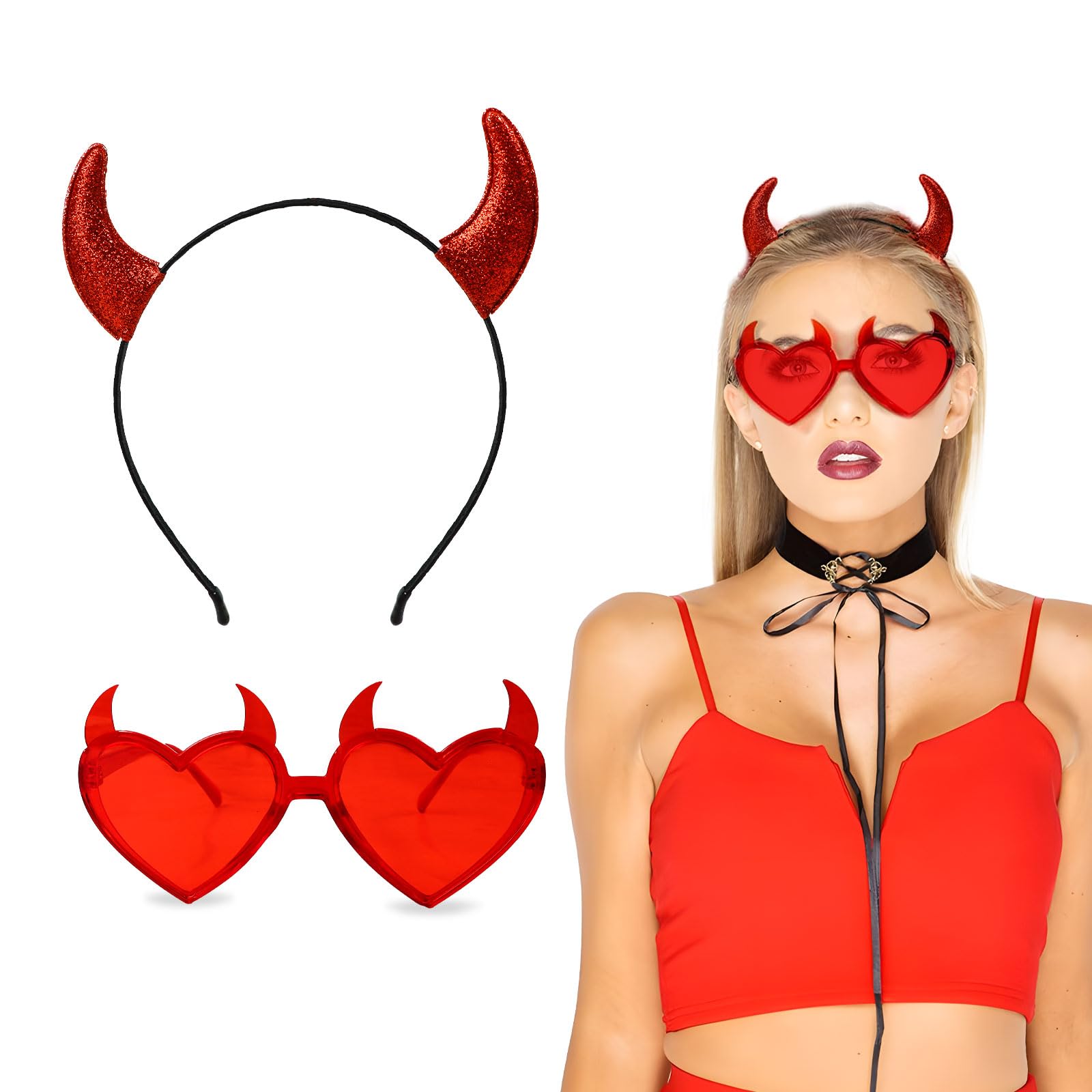 Set De Disfraz De Demonio – Diadema De Cuernos Y Gafas De Corazones Con Cuernos, Rojo, Para Carnaval Y Halloween