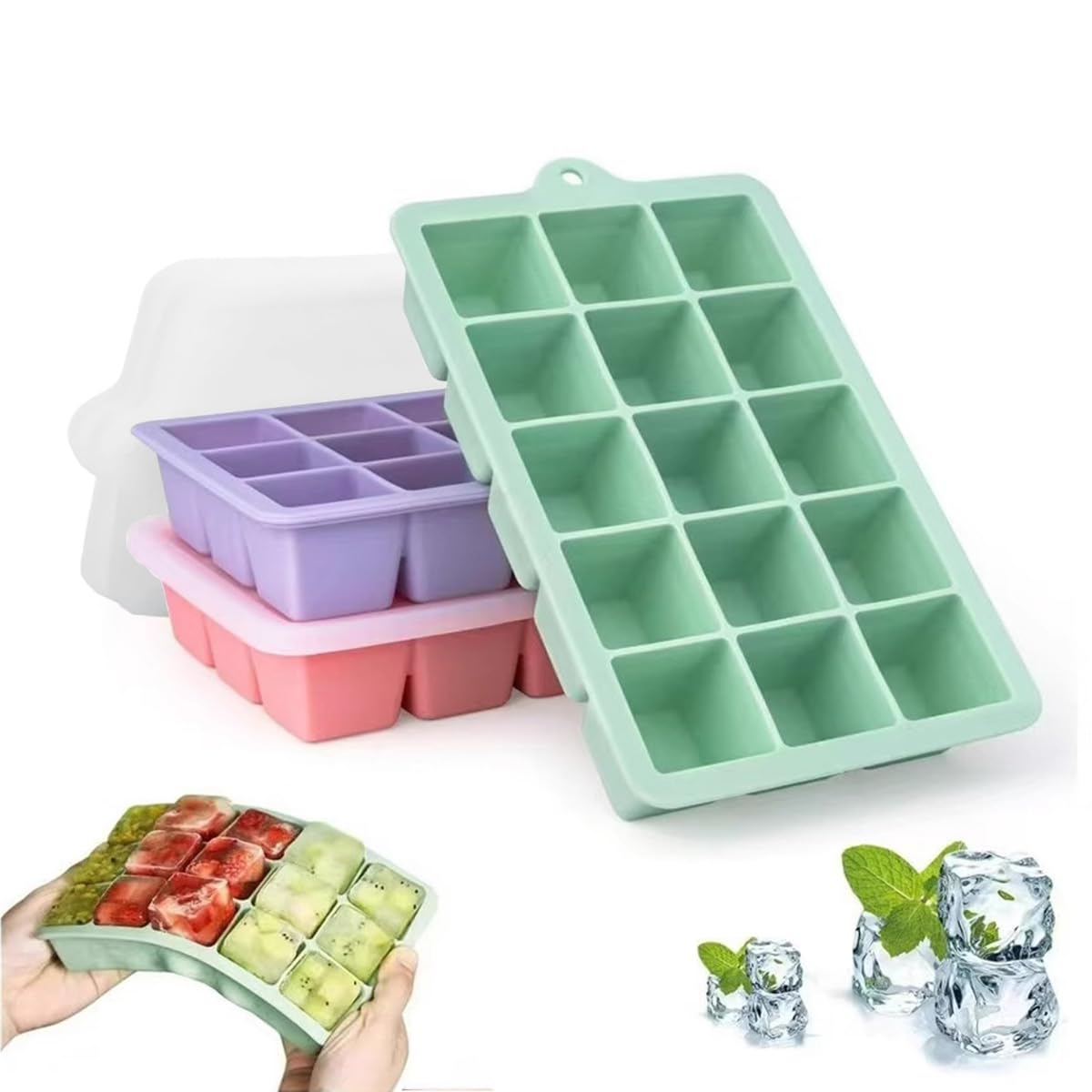 Ice Cube Tray with Lid Silicone Ice Cube Mold, 3 Packs 45 Cubes, Silicone Ice Cube Trays Large Reusable BPA Free Ice Cube Molds for Whiskey, Cocktail, Drinks&Baby Food, Freezer, Souper