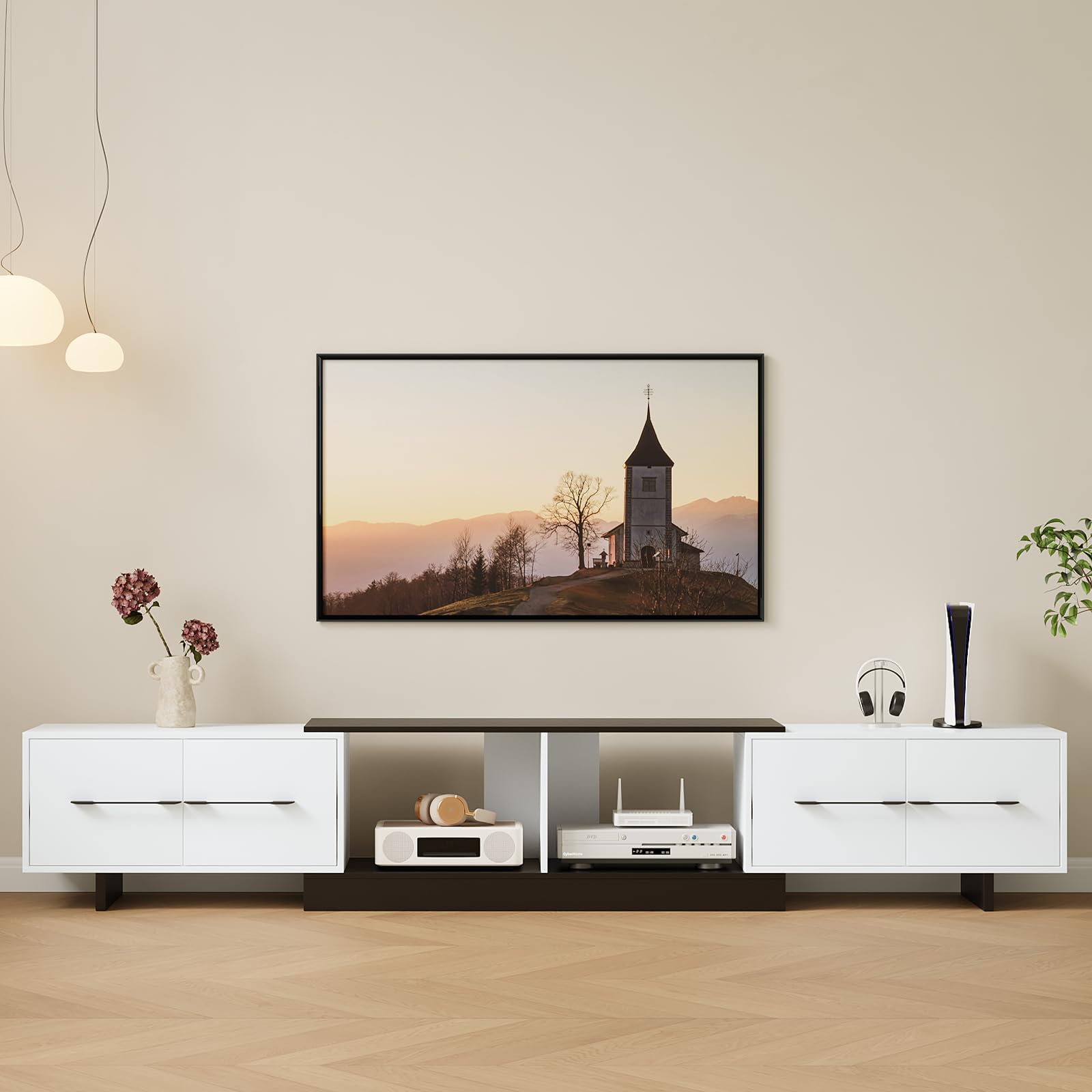 Ausziehbares TV Schrank 190-260cm，Holz TV Lowboard mit 4 Schubladen, für 120 Zoll Fernseher，Moderner TV Möbel für Wohnzimmer